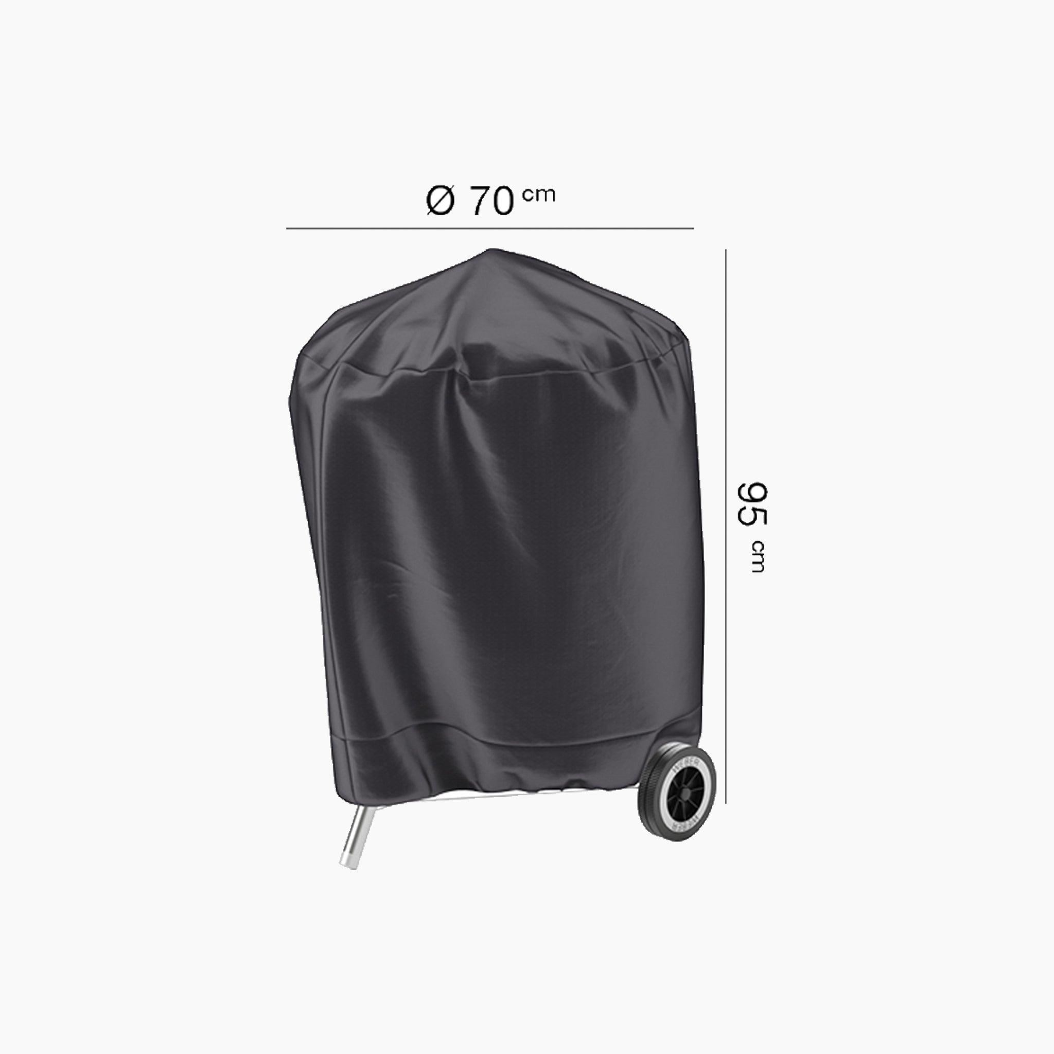 The AeroCover - Barbecue Kettle Round Cover, measuring 70cm in diameter and 95cm in height, is black and incorporates wheels for easy mobility. This UV-protected and water-resistant cover provides excellent durability, ensuring your barbecue is well-protected against the elements for lasting peace of mind.