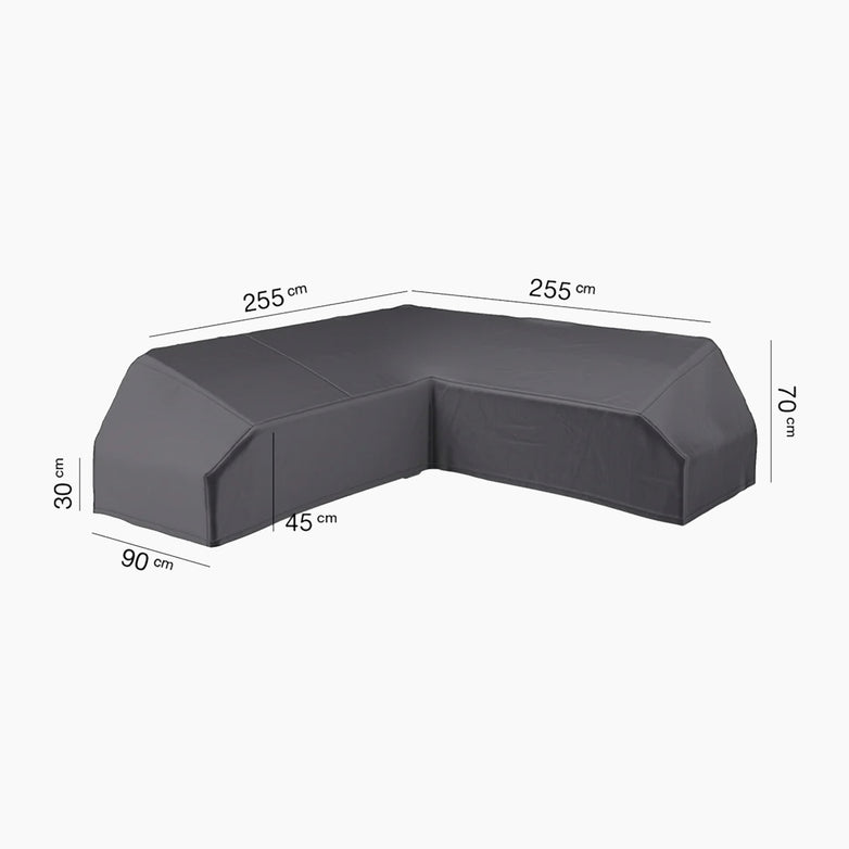AeroCover - Platform Cover 255x255x90xH30/45/70cm in dark gray, shown with dimensions labeled in centimeters on a white background; designed as a UV-protective cover for your garden furniture.