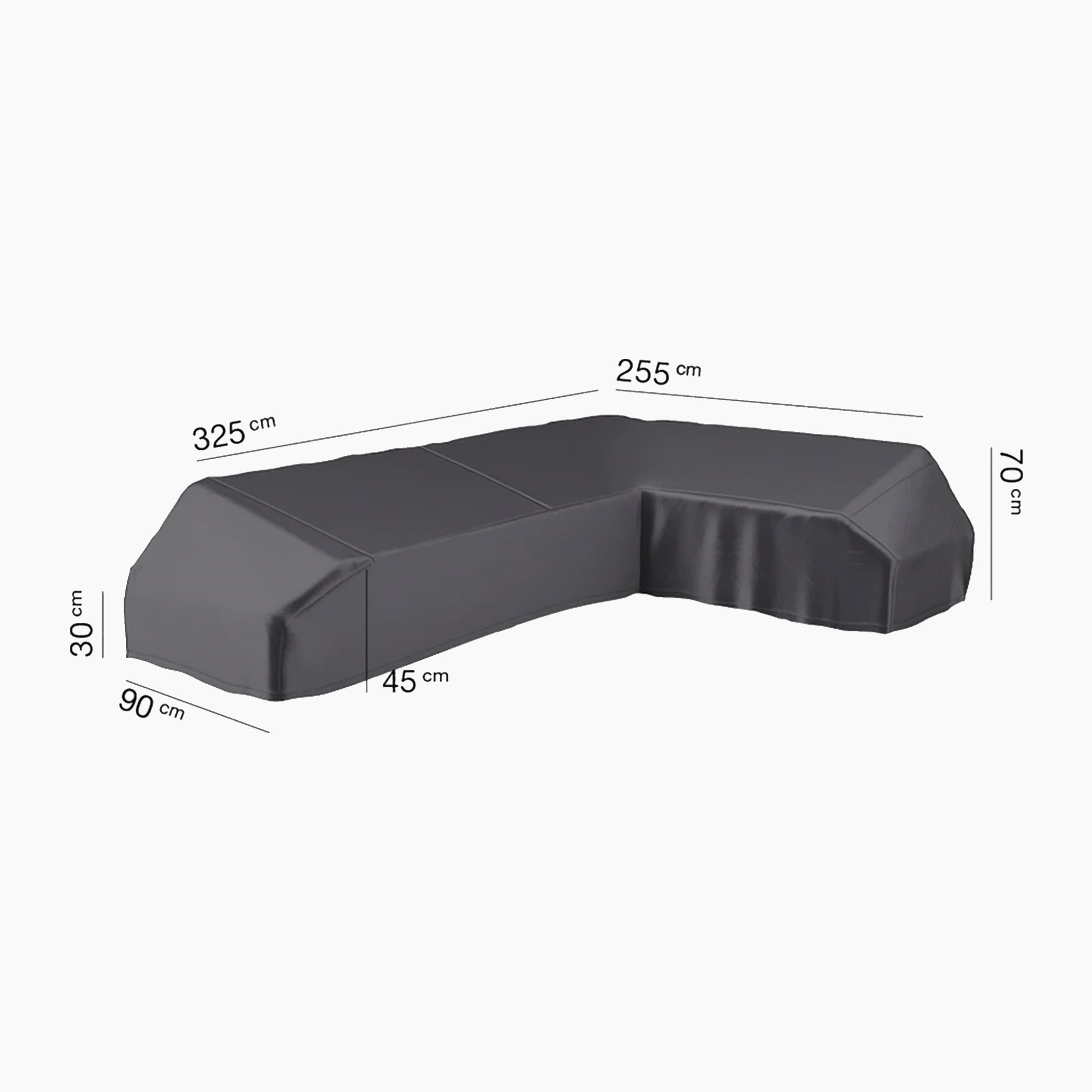 A sleek black couch with precise measurements, protected by the AeroCover - Right Platform Cover, measuring 325x255x90cm with varying heights of 30/45/70cm, features a durable garden seating cover that is both water-resistant and UV-protective for lasting outdoor elegance.