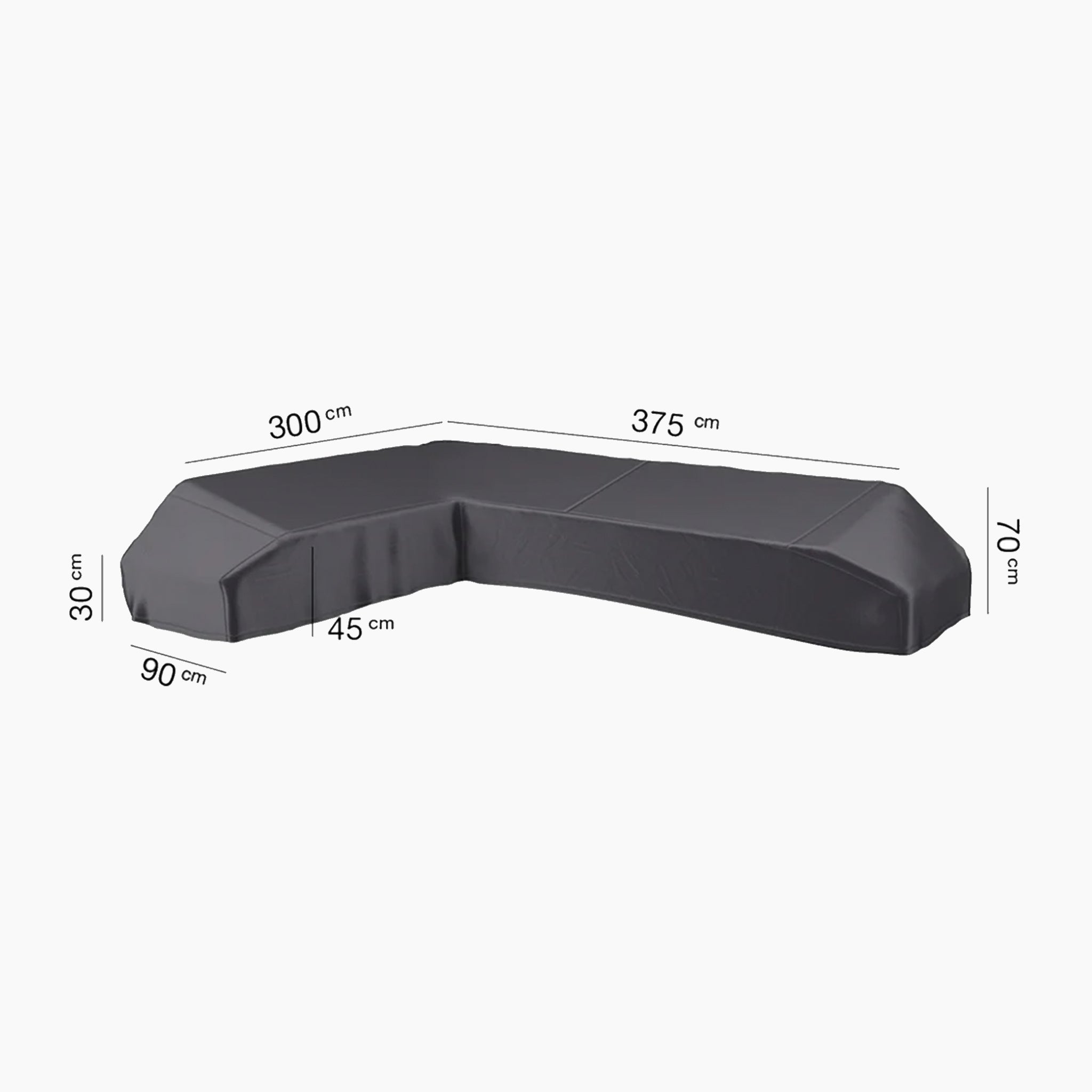 AeroCover - Left Hand Platform Cover, crafted to fit garden seating with its black rectangular design and dimensions of 375x300x90 cm, features UV-protective qualities.
