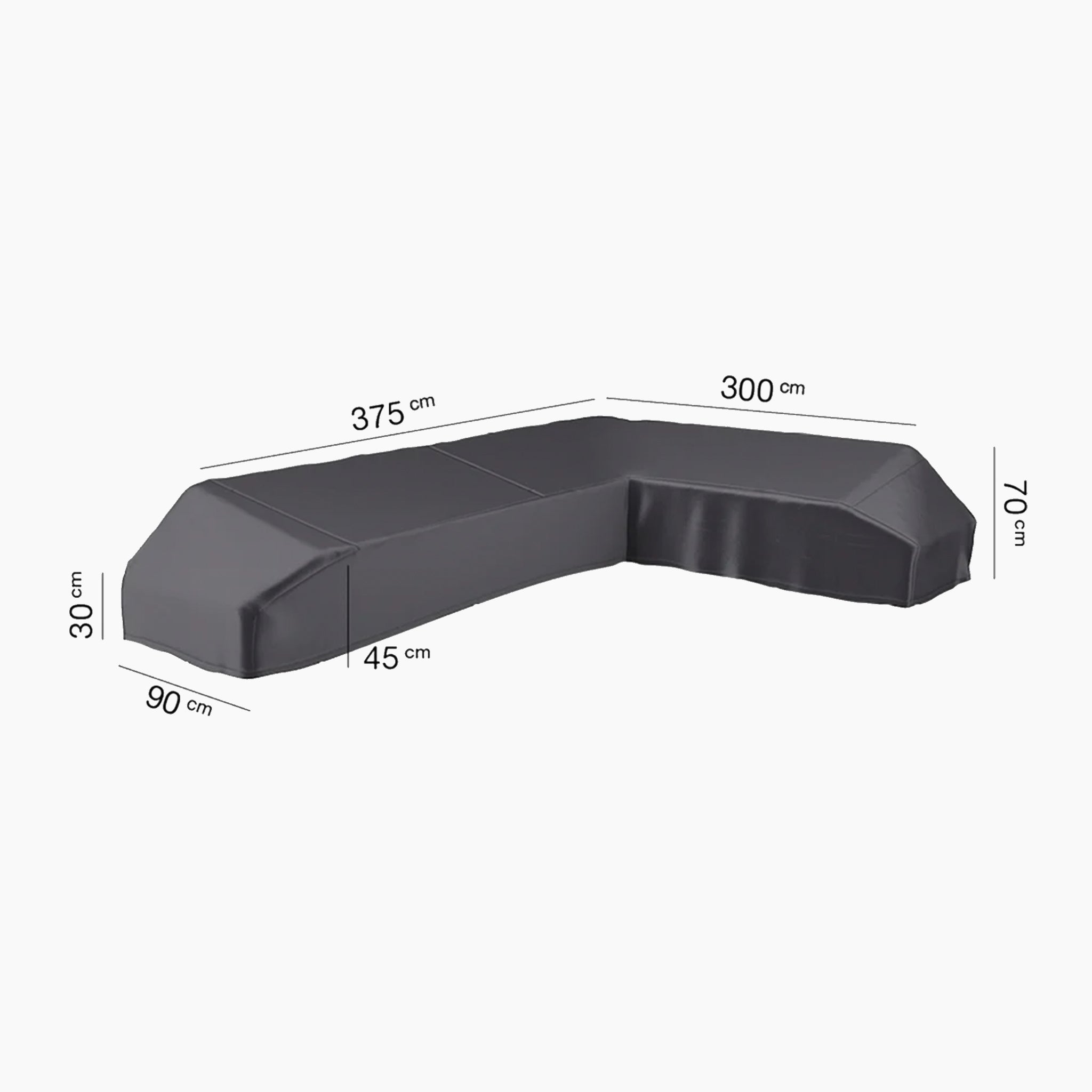 The AeroCover - Right Hand Platform Cover, measuring 375 cm by 300 cm with a height range of 30 to 70 cm, is designed in an L-shape. It features a water-resistant cover, ensuring durability and protection against the elements, making it perfect for both indoor and outdoor use.