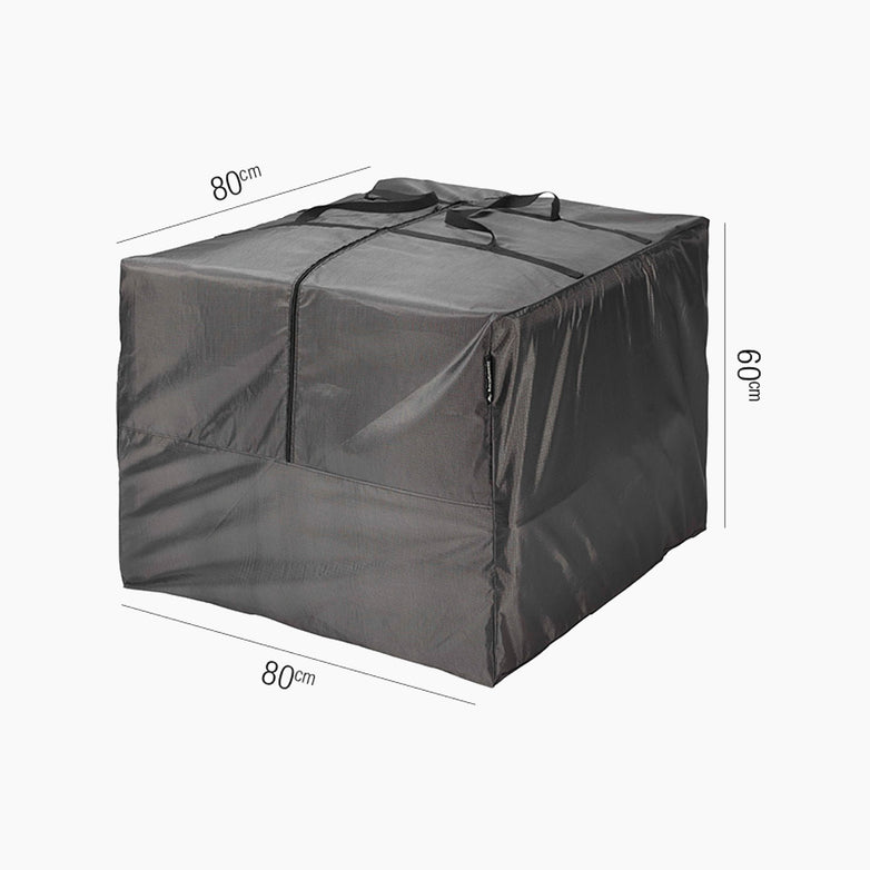 The AeroCover Cushion Bag, sized 80 x 80 x 60 cm, features handles and is perfect for storing outdoor cushions or covering garden furniture; shown on a white background.