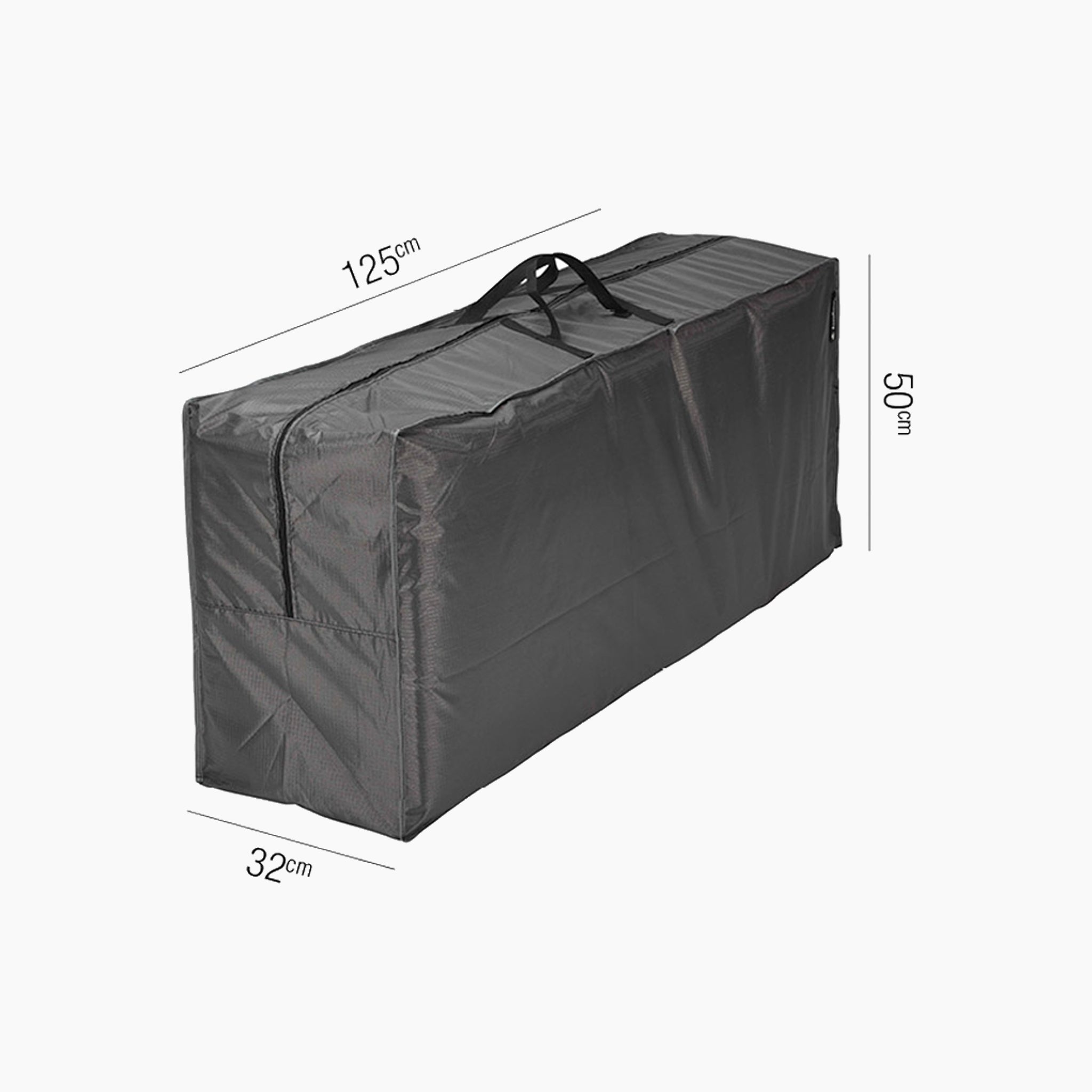 Introducing the AeroCover - Cushion Bag measuring 125 x 32 x 50cm high, a large black storage solution equipped with a handle. It's ideal for storing outdoor cushions or protecting garden furniture. Its durable design ensures robust protection against the elements, making it a reliable choice reminiscent of traditional Aerocovers.
