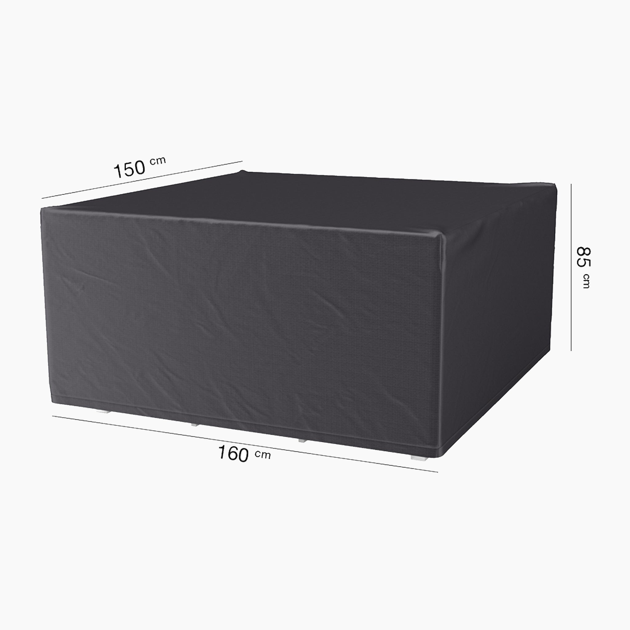 A black AeroCover Garden Bench Cover with measurements of 160 x 150 x 85cm, designed to be water-resistant and UV-protective.