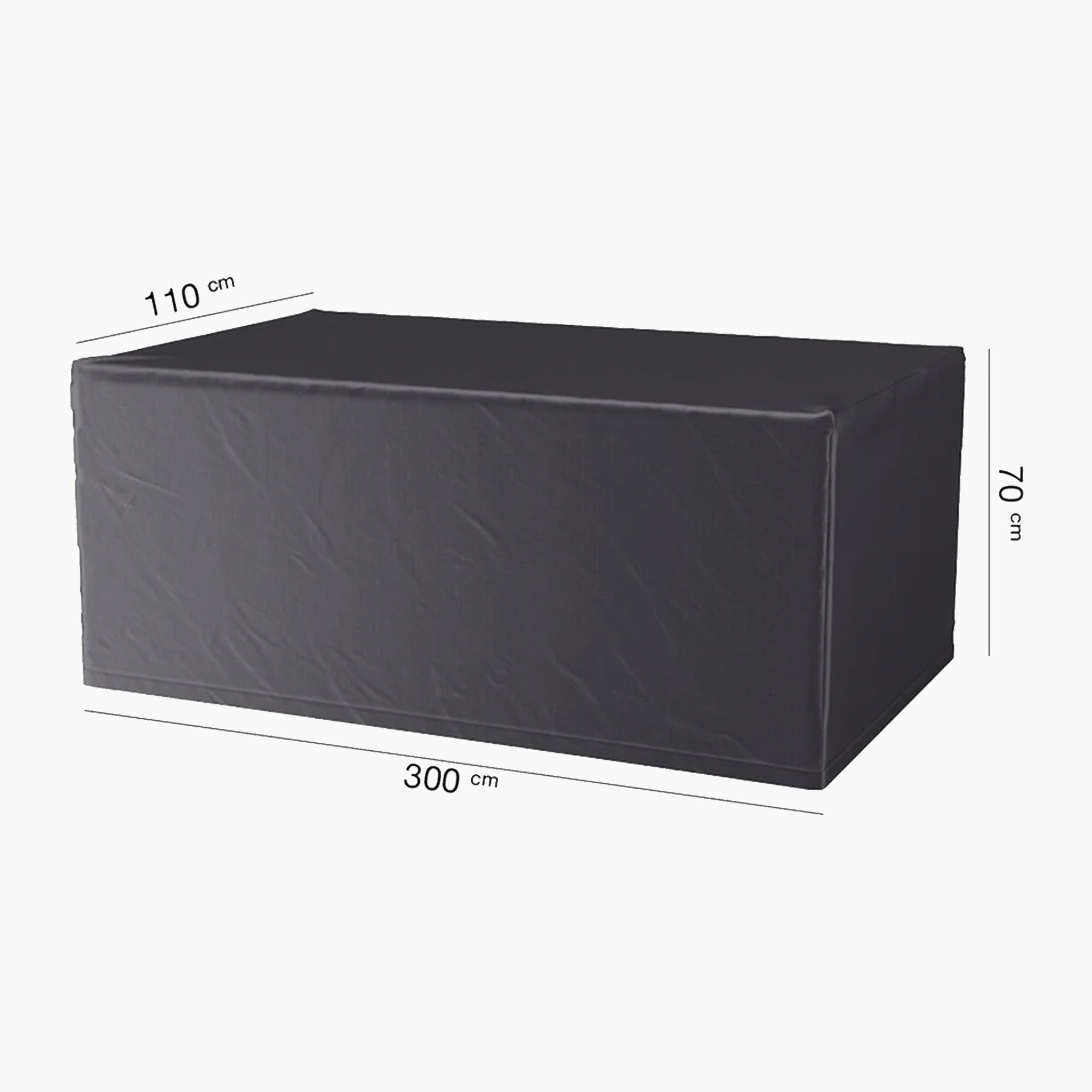 Introducing the AeroCover - a black rectangular outdoor table cover that is both water-resistant and UV-protective, specifically designed to shield your furniture. Dimensions are 300 cm x 110 cm x 70 cm.