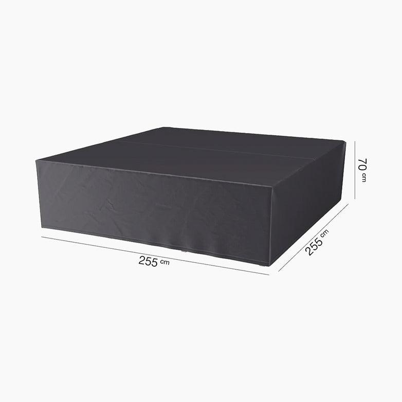 AeroCover Square Lounge Set Cover, water-resistant, measures 255 x 255 x 70 cm; featured in black and shown on a white background.