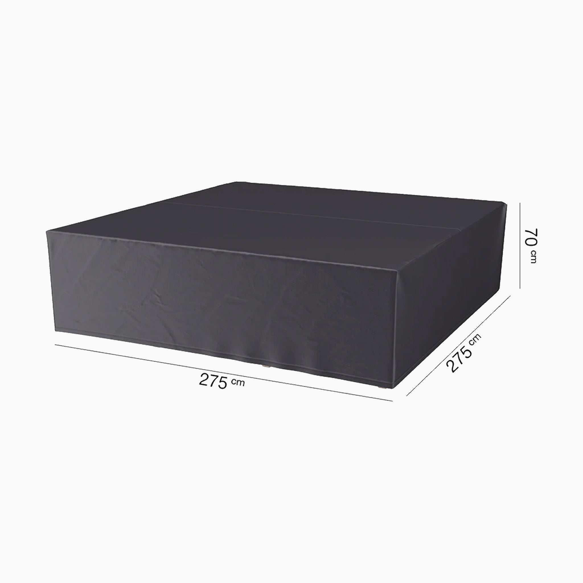 The AeroCover - Square Lounge Set Cover, measuring 275x275x70 cm, is designed with a black color set against a white background. It offers water resistance and UV protection, ensuring long-lasting durability and safeguarding your lounge set from the elements.