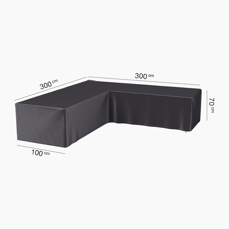 AeroCover - L-Shape Lounge Set Cover, dimensions: 300 cm x 300 cm x 100 cm, height 70 cm, is a black waterproof furniture cover displayed on a white background.