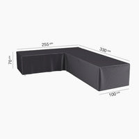 The AeroCover Left Hand L-Shape Lounge Set Cover is a black, water-resistant outdoor cover with dimensions 330 x 255 x 100 x 70 cm.