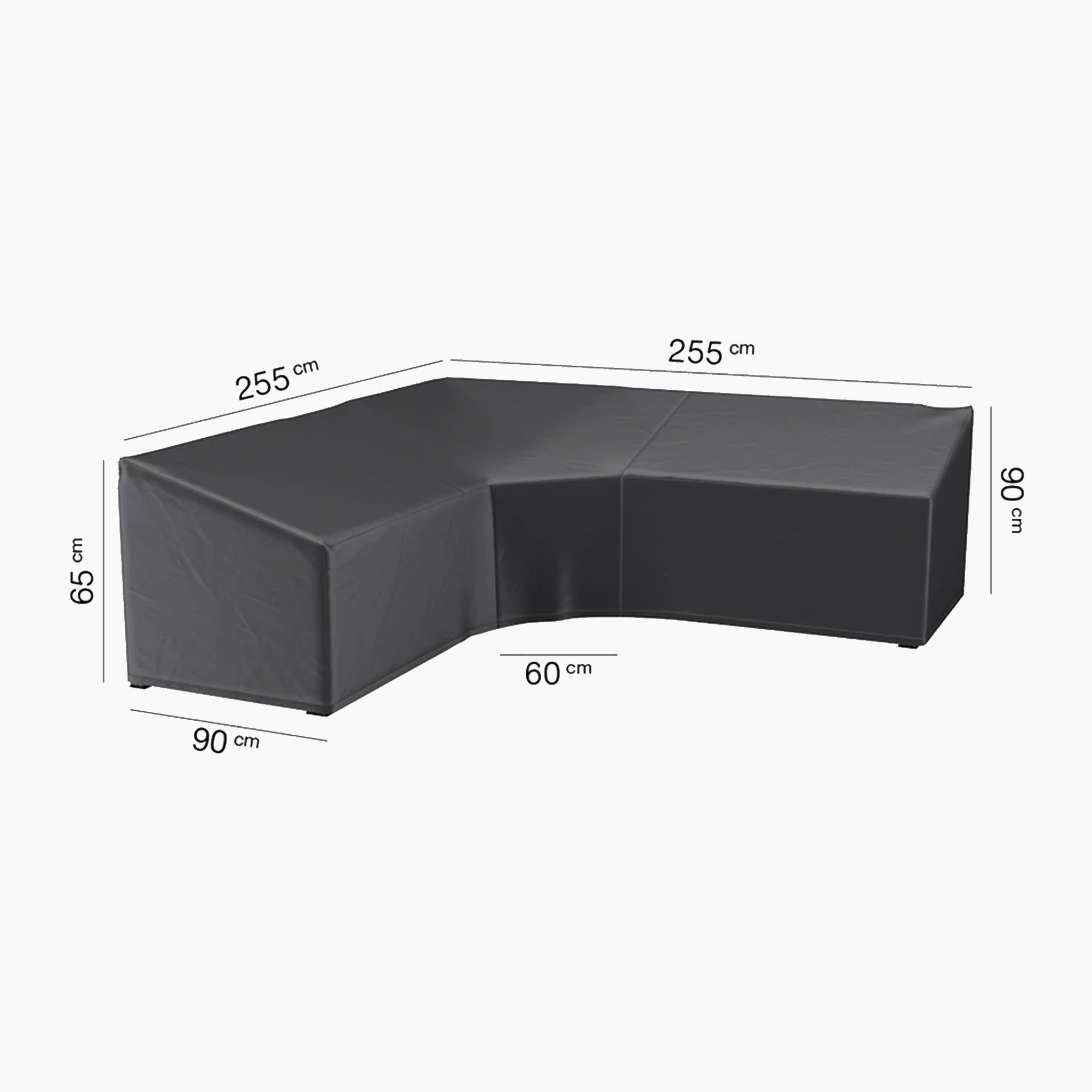 The black L-shaped sofa with a minimalist design, ideal for L-shaped lounge sets, features dimensions of 255x90x65 cm and 255x60x65 cm. Perfect for versatile spaces, it is recommended to pair with the AeroCover Trapeeze Lounge Set Cover (255 x 255 x 90 x 65 x 90cm) for optimal outdoor furniture protection.