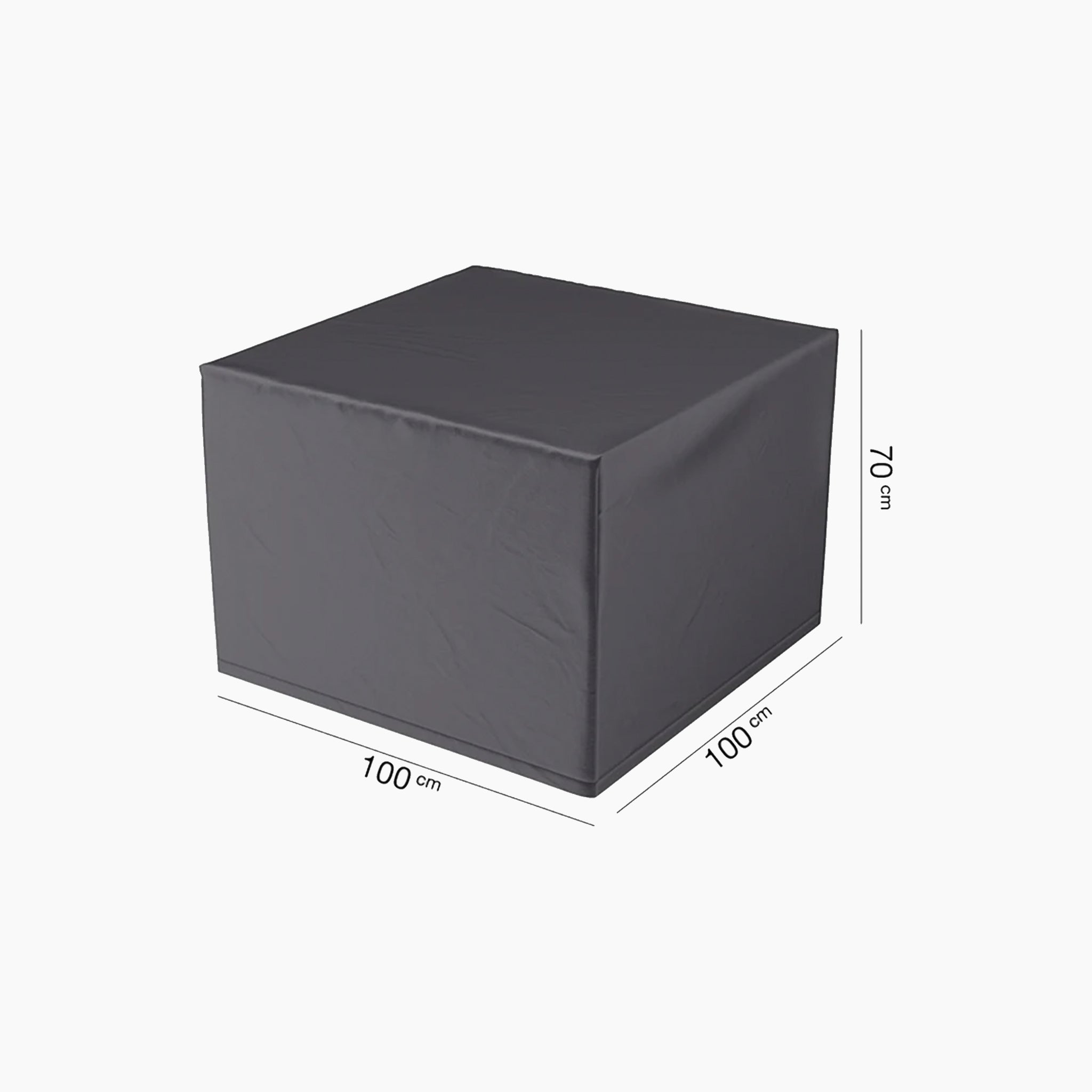 The object, a black AeroCover - Lounge Chair Cover with dimensions of 100 cm x 100 cm x 70 cm high, is displayed against a white backdrop. Its water-resistant design makes it perfect for shielding Bistro Sets from any weather conditions.