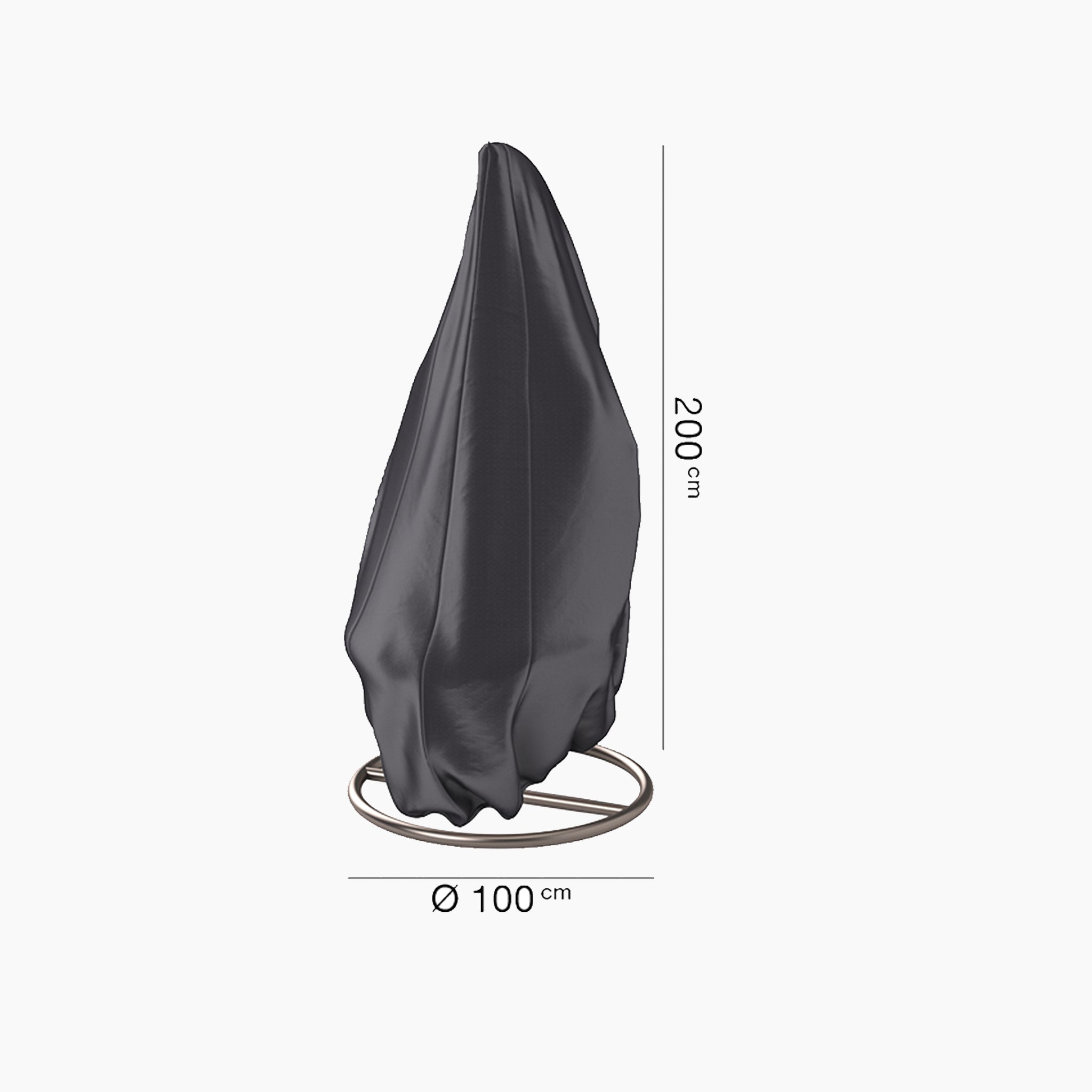 Introducing the AeroCover - Hanging Chair Round Cover, crafted from black protective fabric. It measures 100cm in diameter and stands 200cm tall. This water-resistant cover is designed for durability, offering excellent protection against the elements while providing UV defense to safeguard your chair from sun damage.