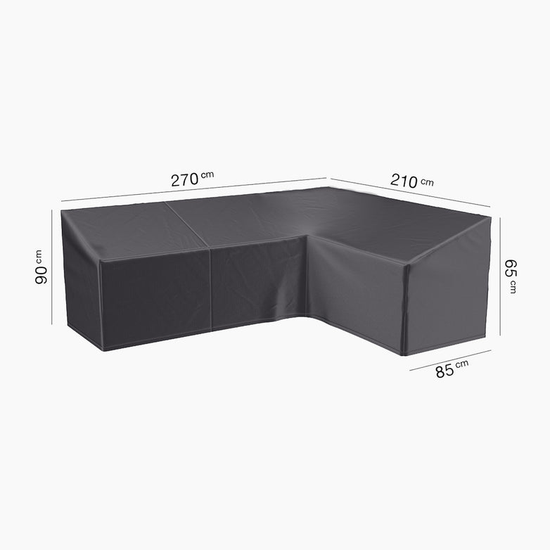 AeroCover - Long Right Lounge Set Cover for outdoor furniture, L-shaped, water-resistant, dimensions 270x210x85x65x90 cm, shown on a white background.