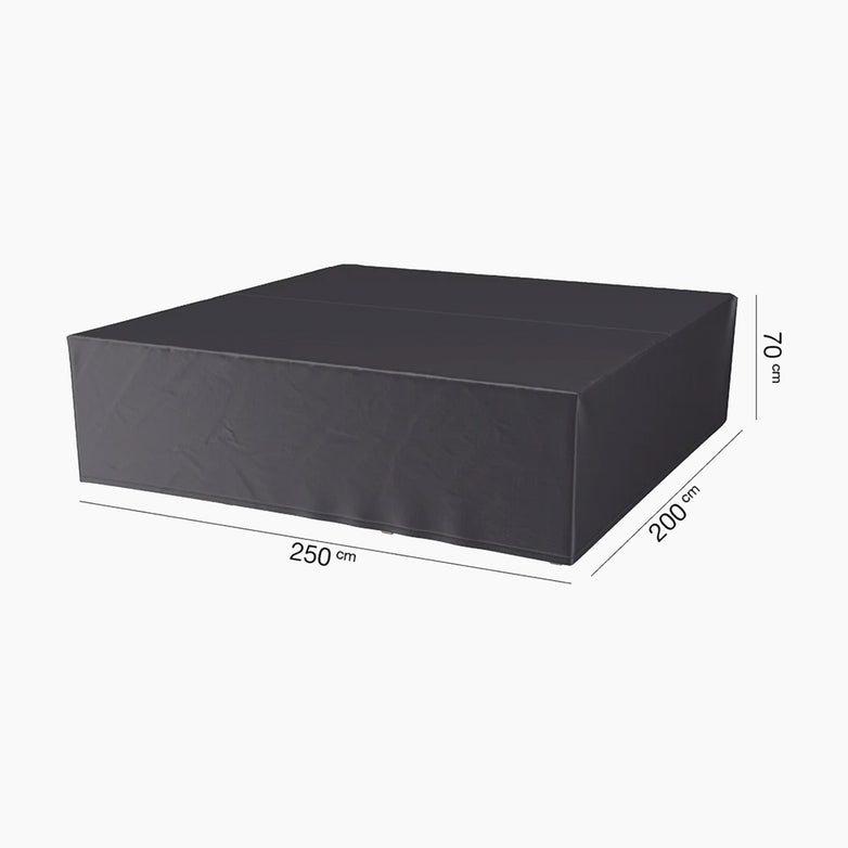 A stylish black cover specifically tailored to enhance your AeroCover Lounge Set, measuring 250 x 200 x 70 cm. Made from UV-protected and water-resistant materials, it offers long-lasting durability without compromising on its sleek design.