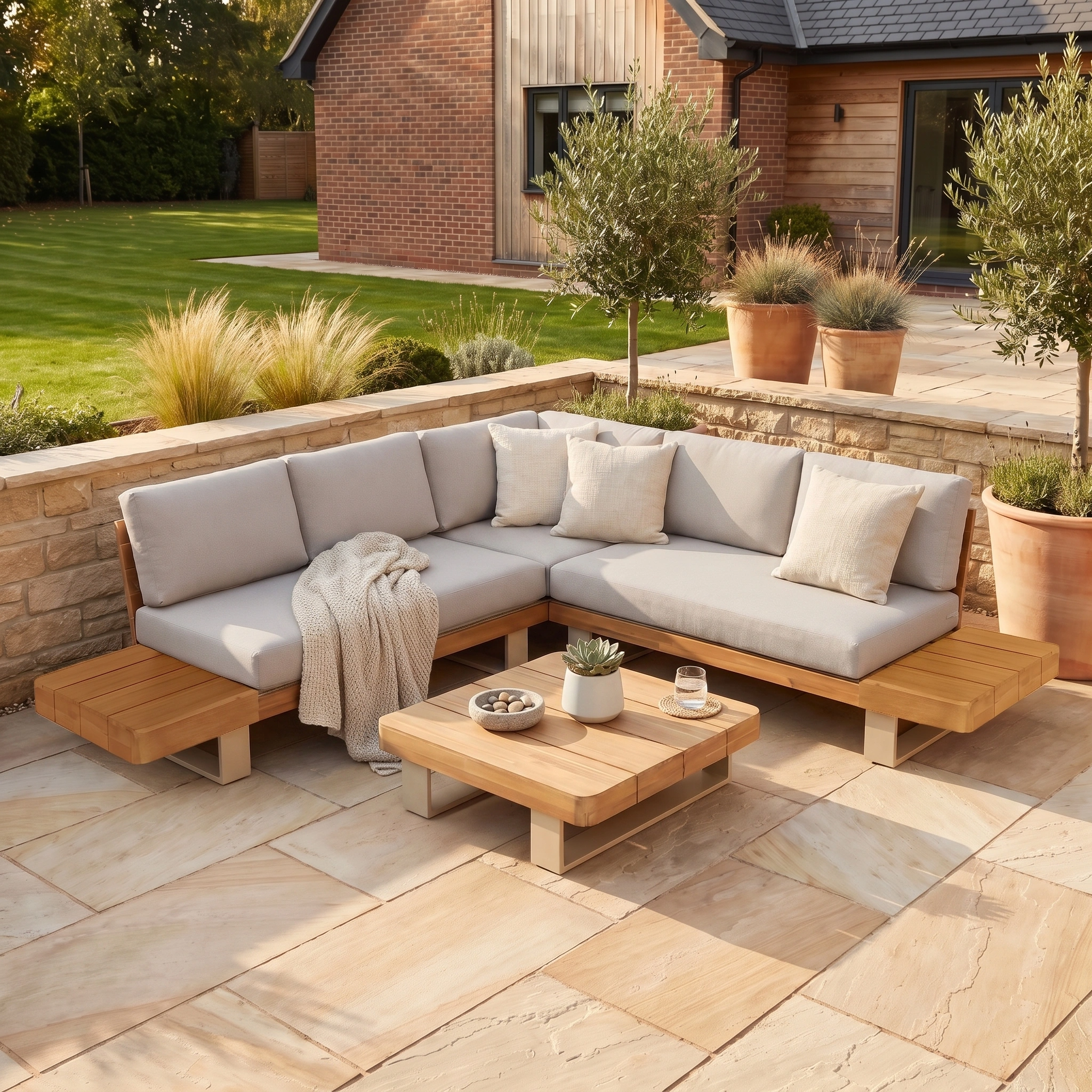 Modern patio with the Ava Corner Sofa Set in Latte, featuring an L-shaped sofa crafted from sustainable acacia wood, plush cushions, a cozy blanket, a low table, potted trees, and a grassy yard—perfect for enjoying stylish and eco-friendly outdoor furniture.