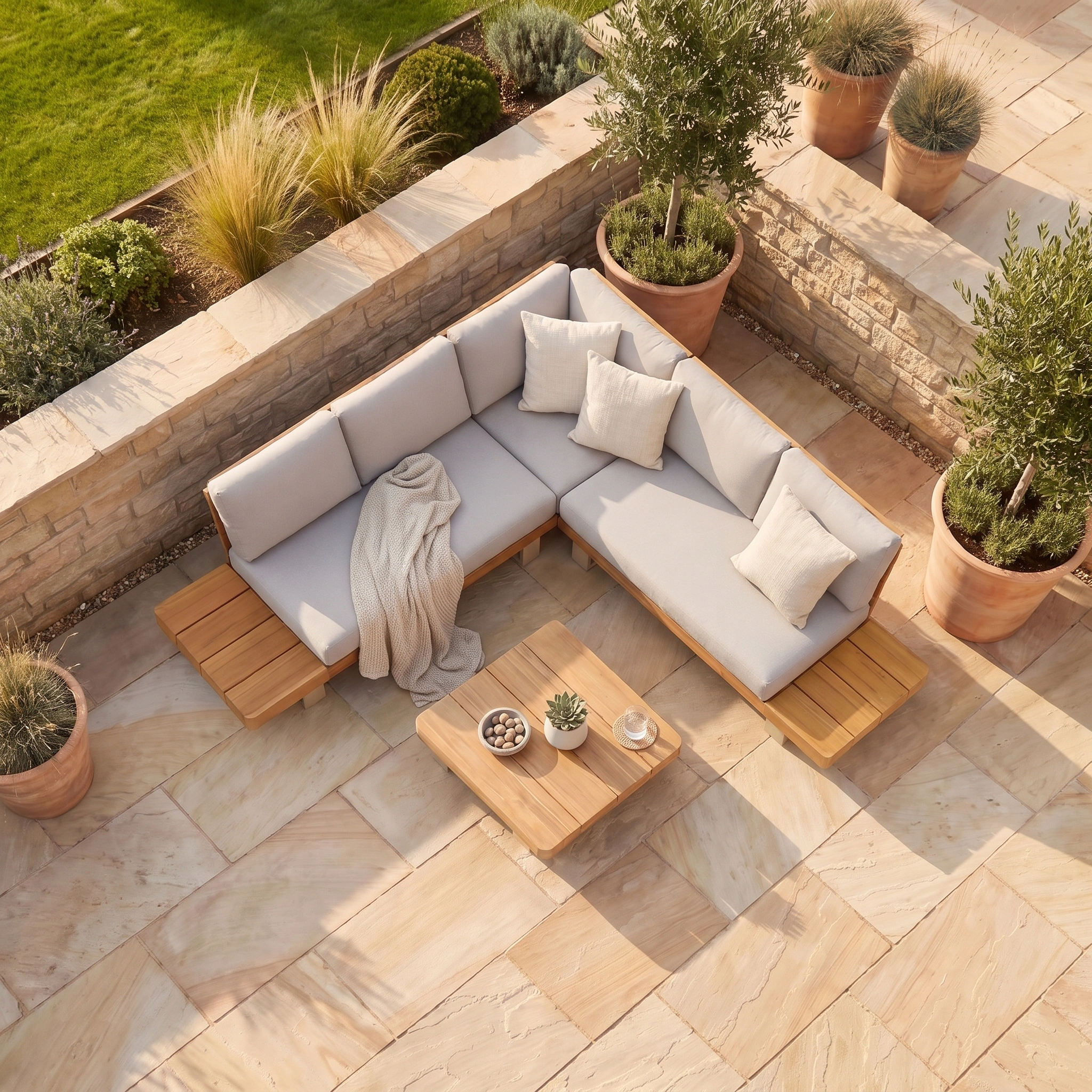 Modern outdoor patio with the stylish Ava Corner Sofa Set in Latte, featuring a beige sectional sofa crafted from sustainable acacia wood, accented with a throw blanket, pillows, and surrounded by potted plants on stone tiles.