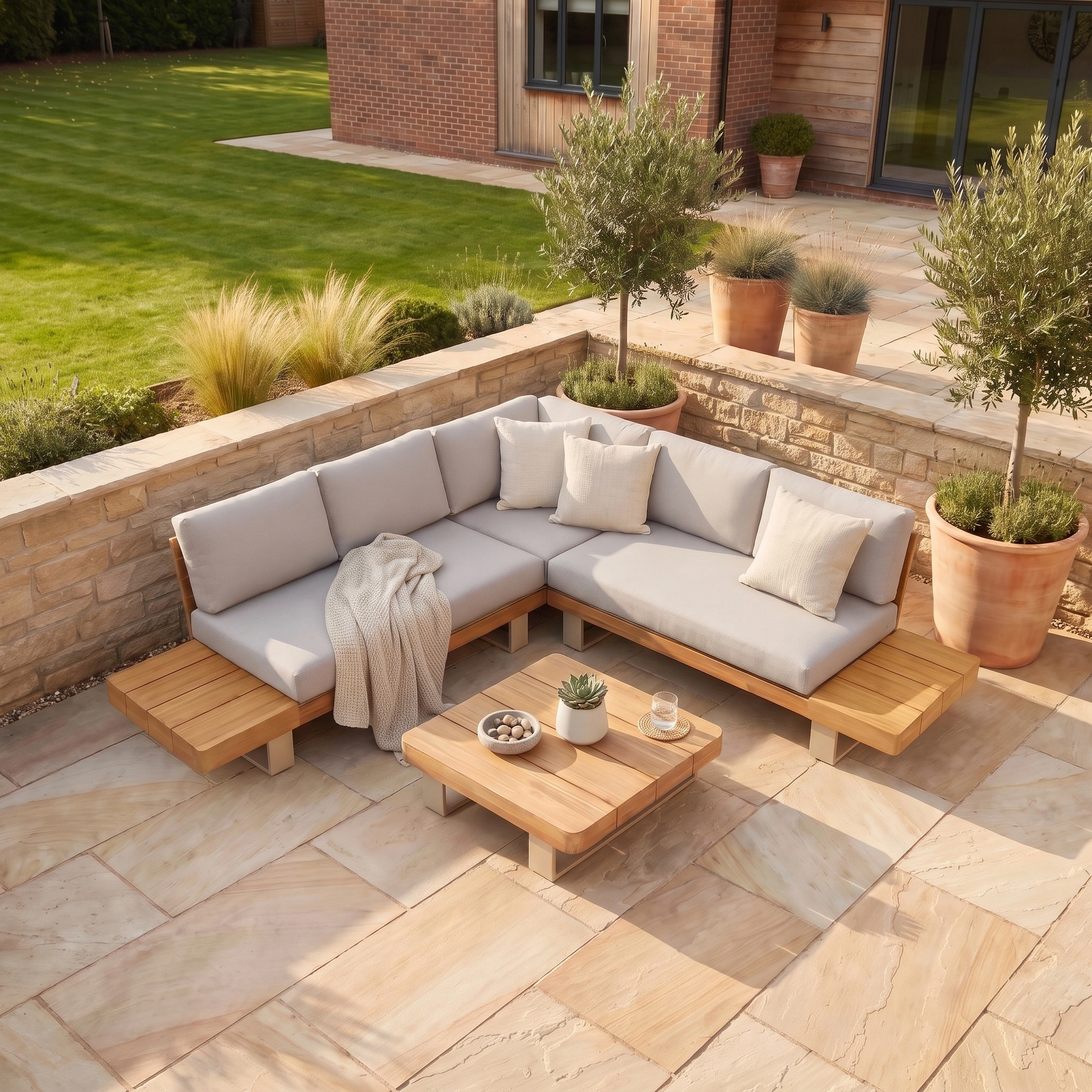 Modern outdoor patio featuring the Ava Corner Sofa Set in Latte with cushioned sectional seating, a wooden table crafted from sustainable acacia wood, potted plants, and elegant stone tiles—a perfect showcase of contemporary outdoor furniture.