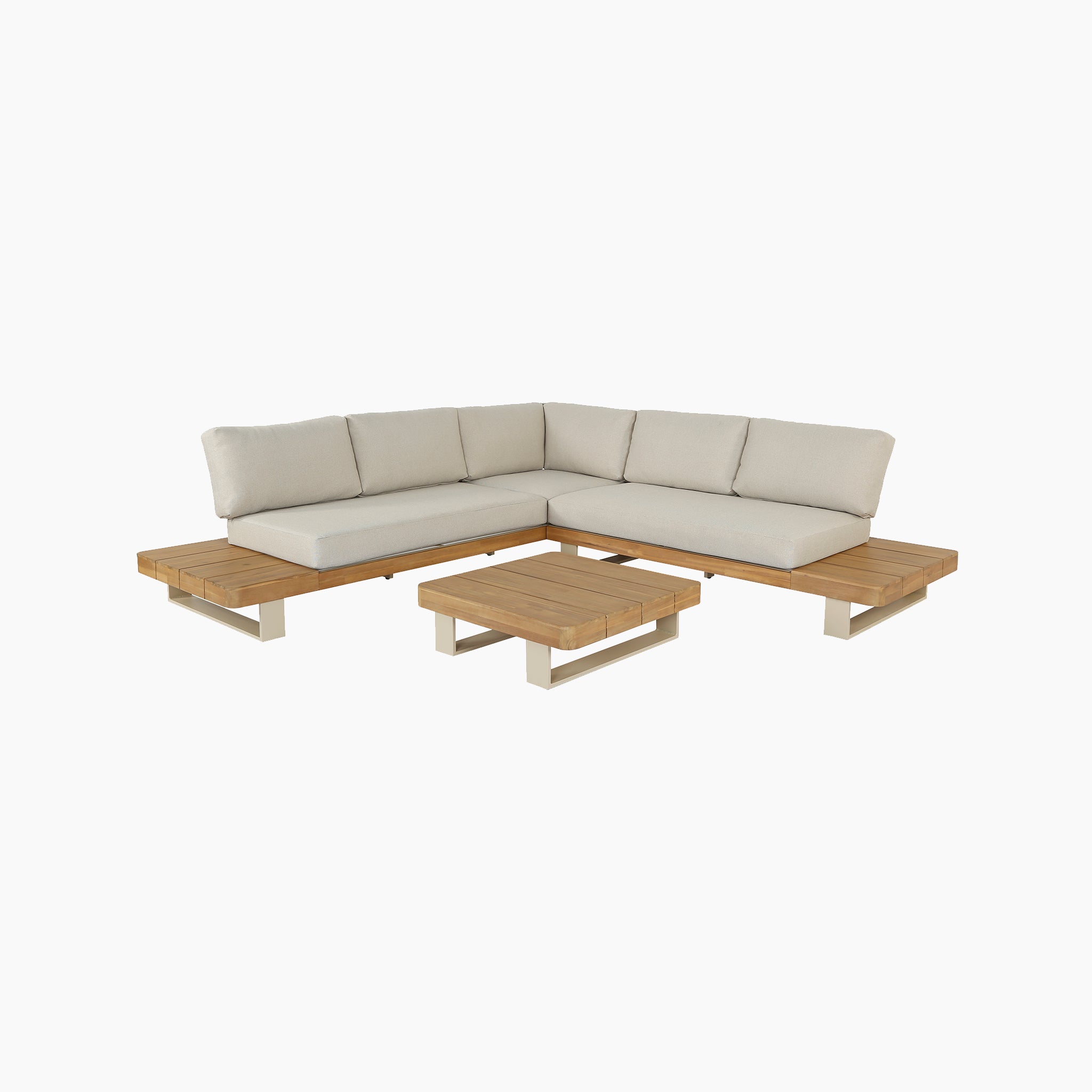 Pacific Lifestyle - Osaka Corner Sofa Set in Latte: L-shaped outdoor sectional sofa with beige cushions and a matching low square coffee table, crafted for stylish and comfortable outdoor living.