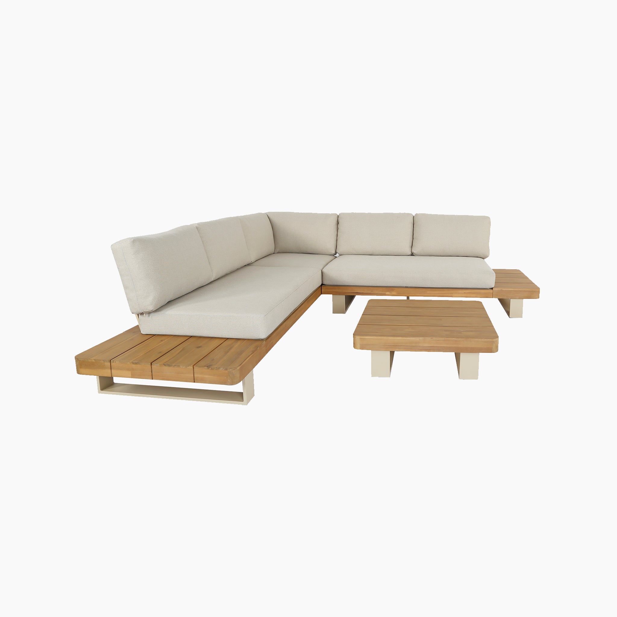 The Pacific Lifestyle - Osaka Corner Sofa Set in Latte features a beige cushioned sectional with a sustainable acacia wood frame and a matching low wooden coffee table, perfect for stylish outdoor living.