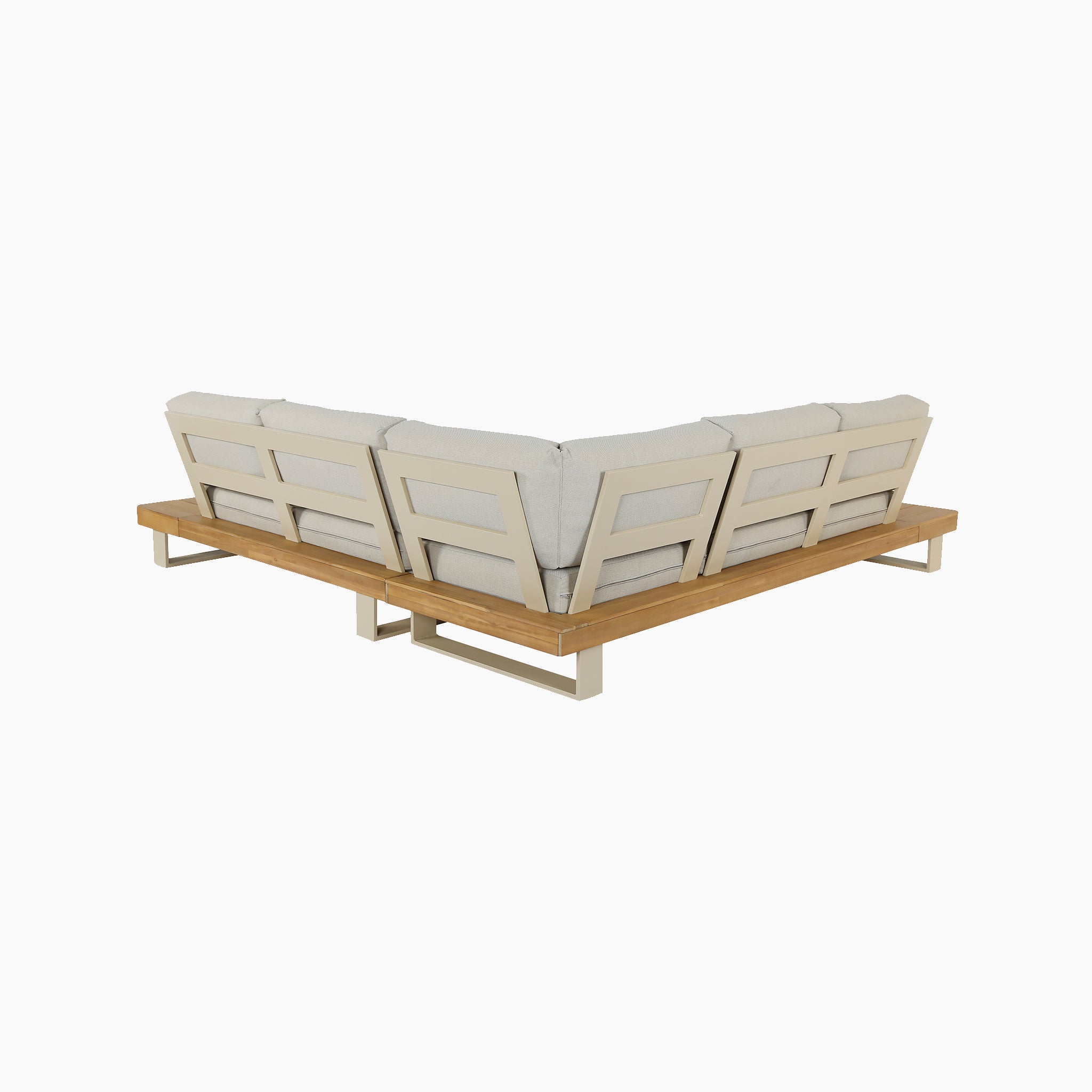 The Pacific Lifestyle - Osaka Corner Sofa Set in Latte features a sustainable acacia wood base and neutral cushions, shown from the back—a modern and stylish statement for any outdoor space.