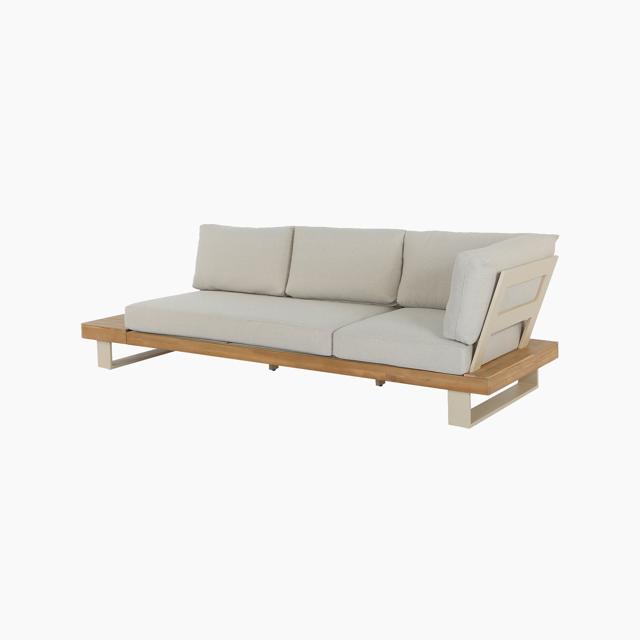 Pacific Lifestyle - Osaka Corner Sofa Set in Latte features comfy cushions, a sustainable acacia wood frame, and sleek metal legs—ideal contemporary outdoor furniture for any space.