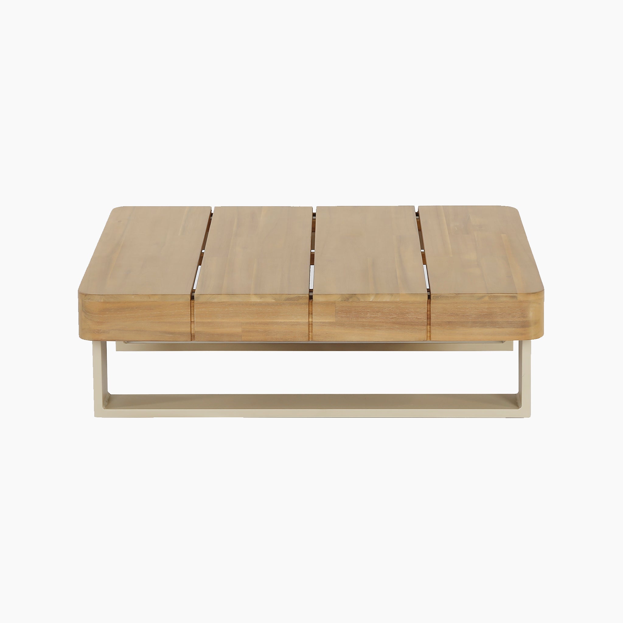 Rectangular wooden coffee table with wide slats, crafted from sustainable acacia and a beige metal base, shown on a white background. Complements the Pacific Lifestyle - Osaka Corner Sofa Set in Latte for a chic outdoor setup.