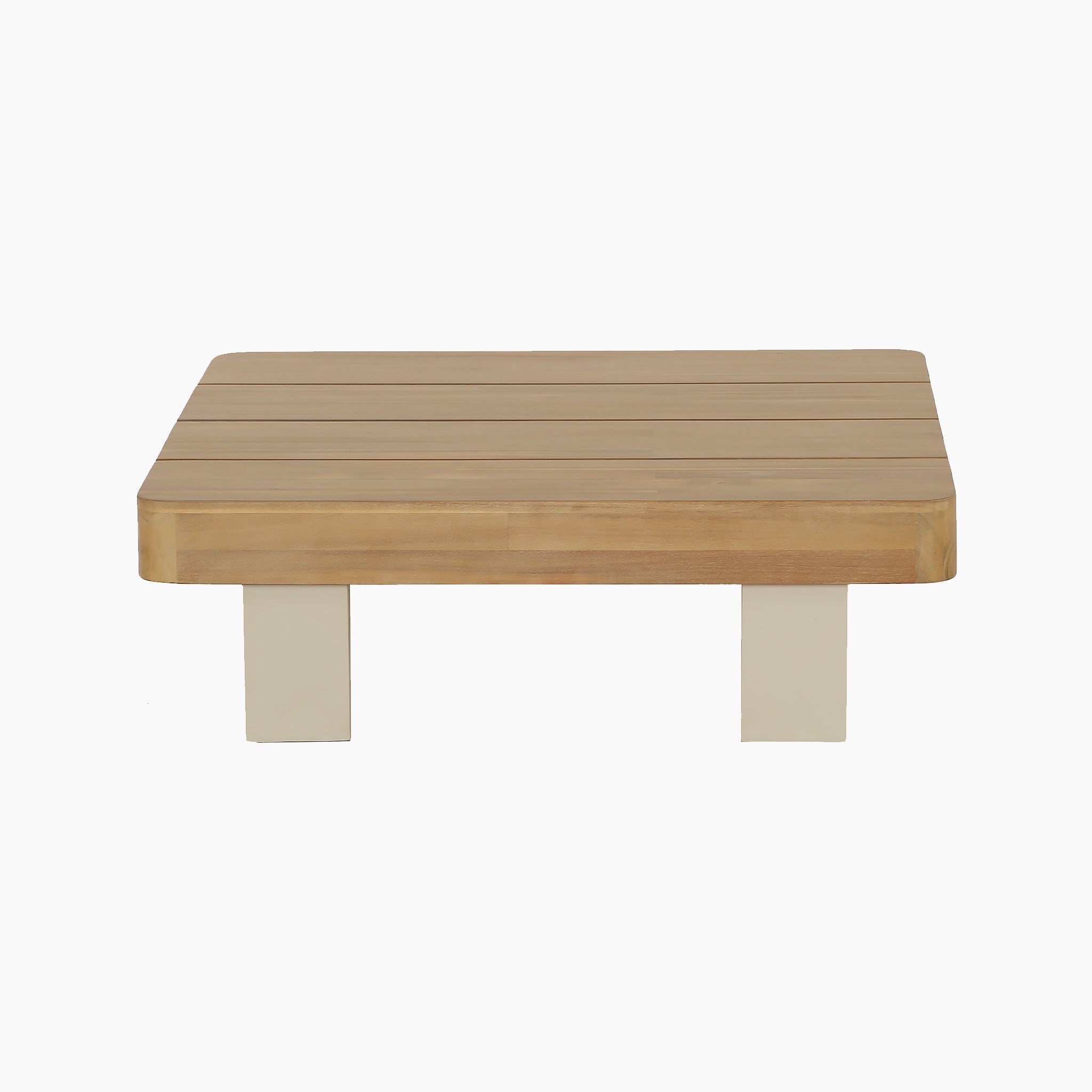 Square wooden coffee table made from sustainable acacia wood with a light slatted top and two white block legs—perfect for outdoor use or pairing with the Pacific Lifestyle - Osaka Corner Sofa Set in Latte.