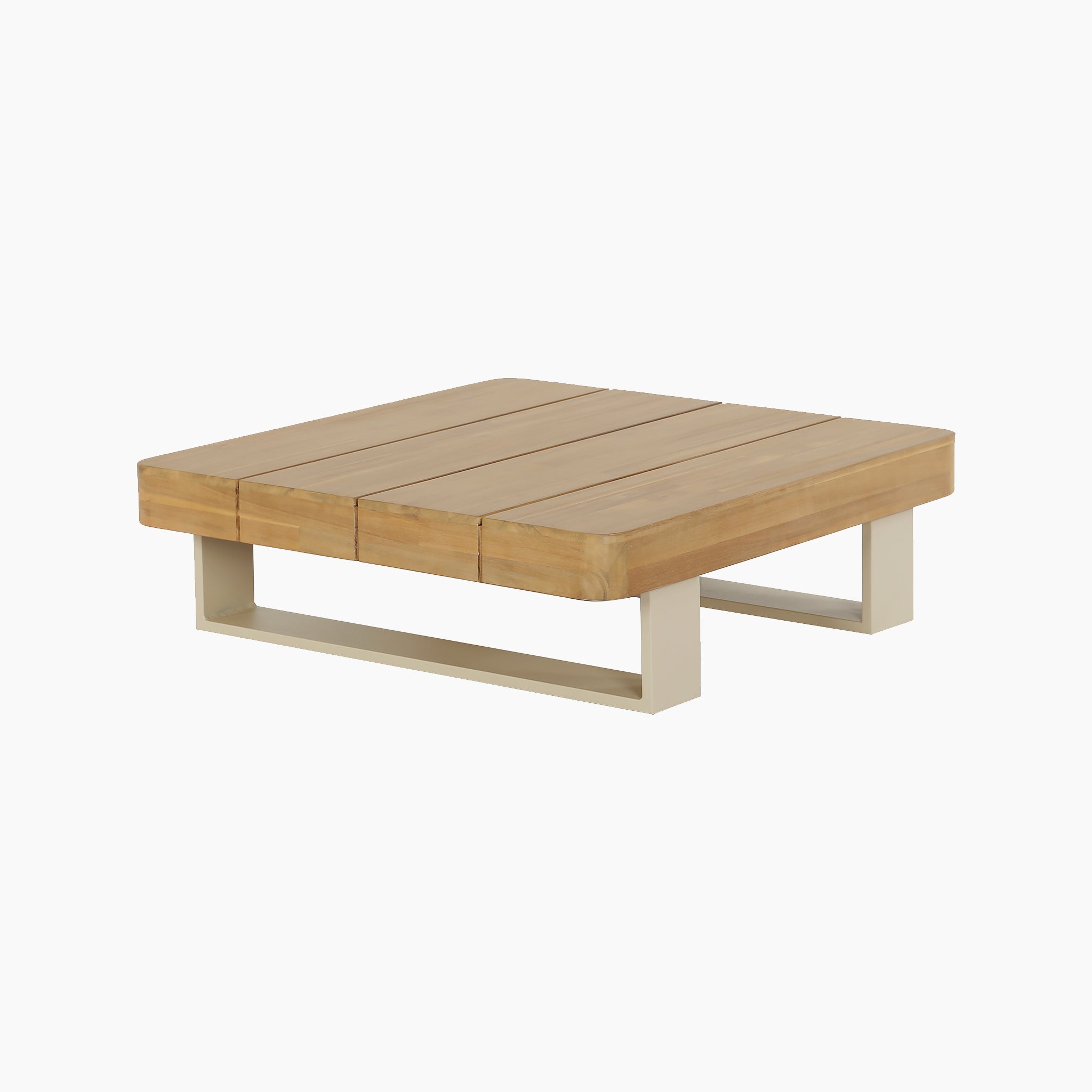 Modern square coffee table crafted from sustainable acacia wood with a beige metal base, designed to complement outdoor furniture or the Pacific Lifestyle Osaka Corner Sofa Set in Latte.