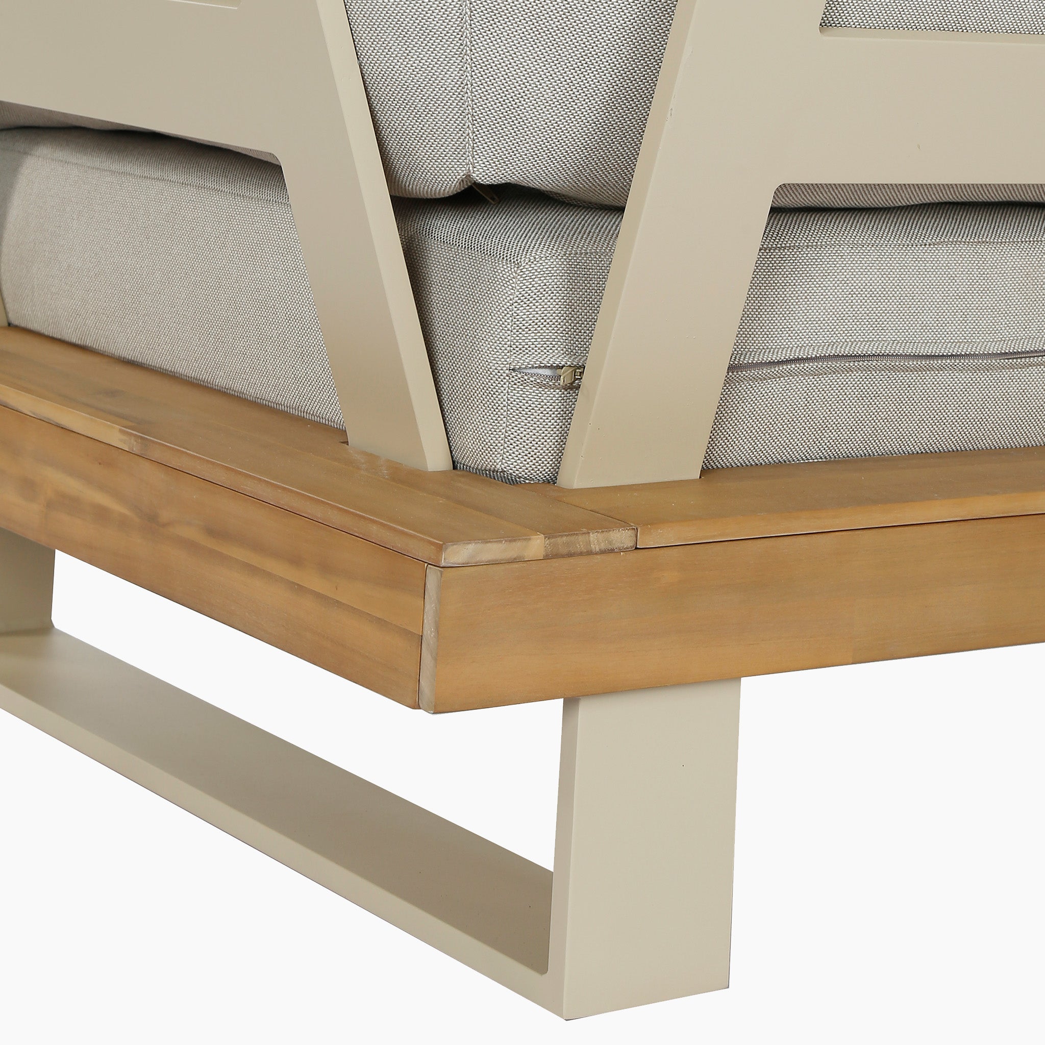 Close-up of the Pacific Lifestyle - Osaka Corner Sofa Set in Latte, showcasing beige cushions and a sustainable acacia wood frame—an elegant upgrade for your outdoor furniture collection.