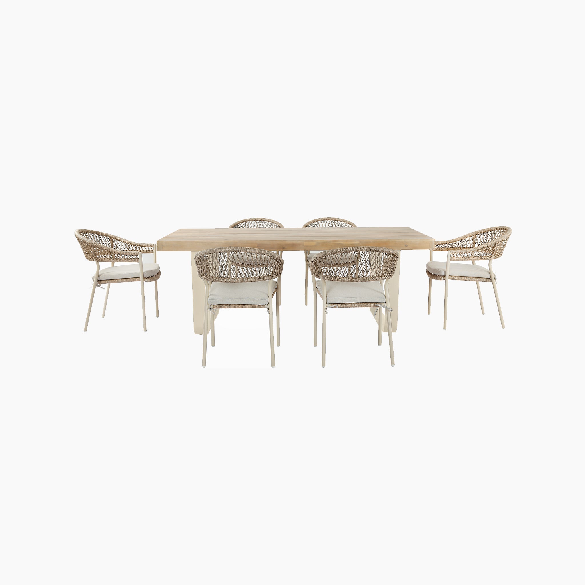 The Pacific Lifestyle - Osaka 6 Seat Dining Set in Latte features an Acacia wood table and six woven chairs, all arranged together against a white background.