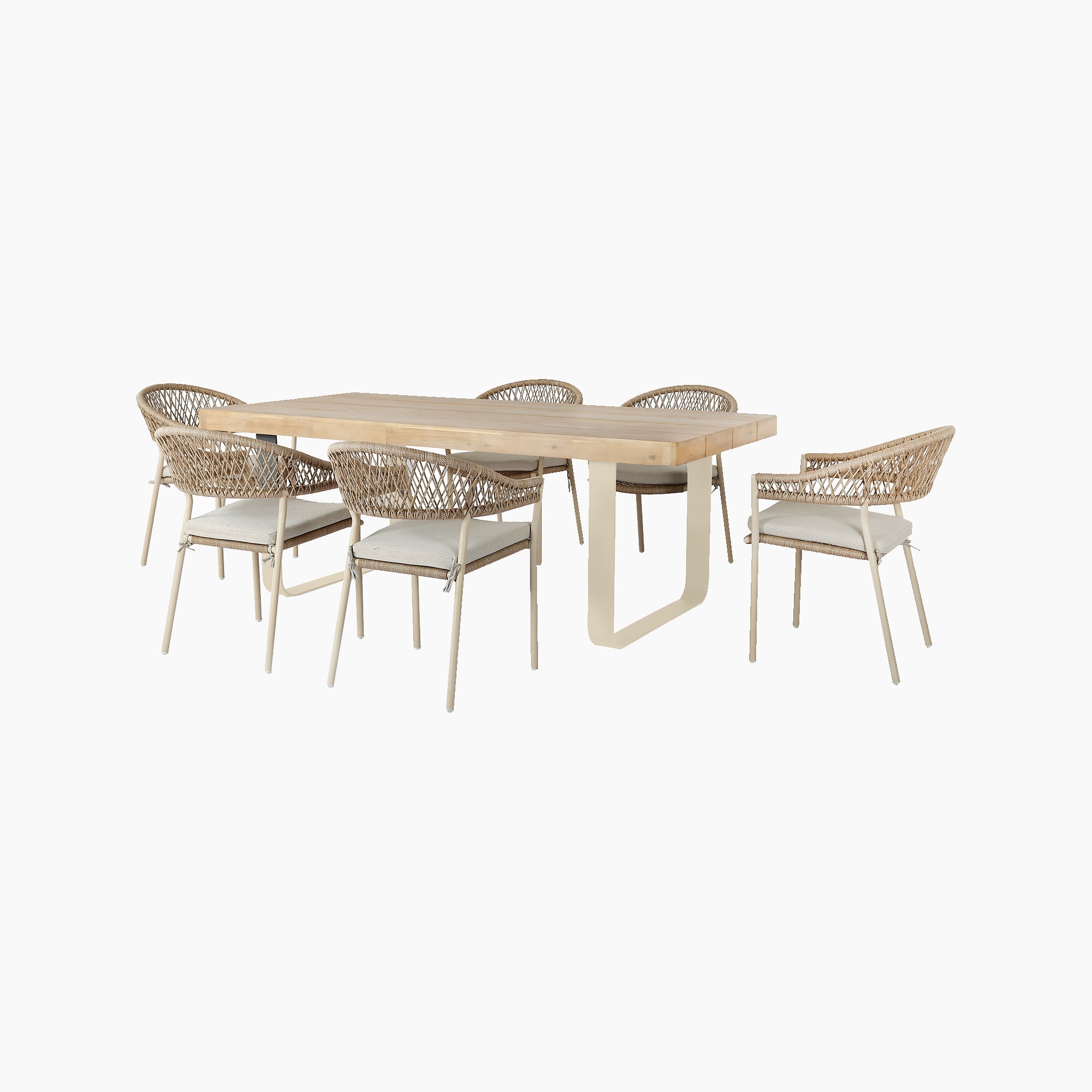 The Pacific Lifestyle Osaka 6 Seat Dining Set in Latte features a light acacia wood table and six beige wicker chairs with white seat cushions—ideal for stylish outdoor dining.