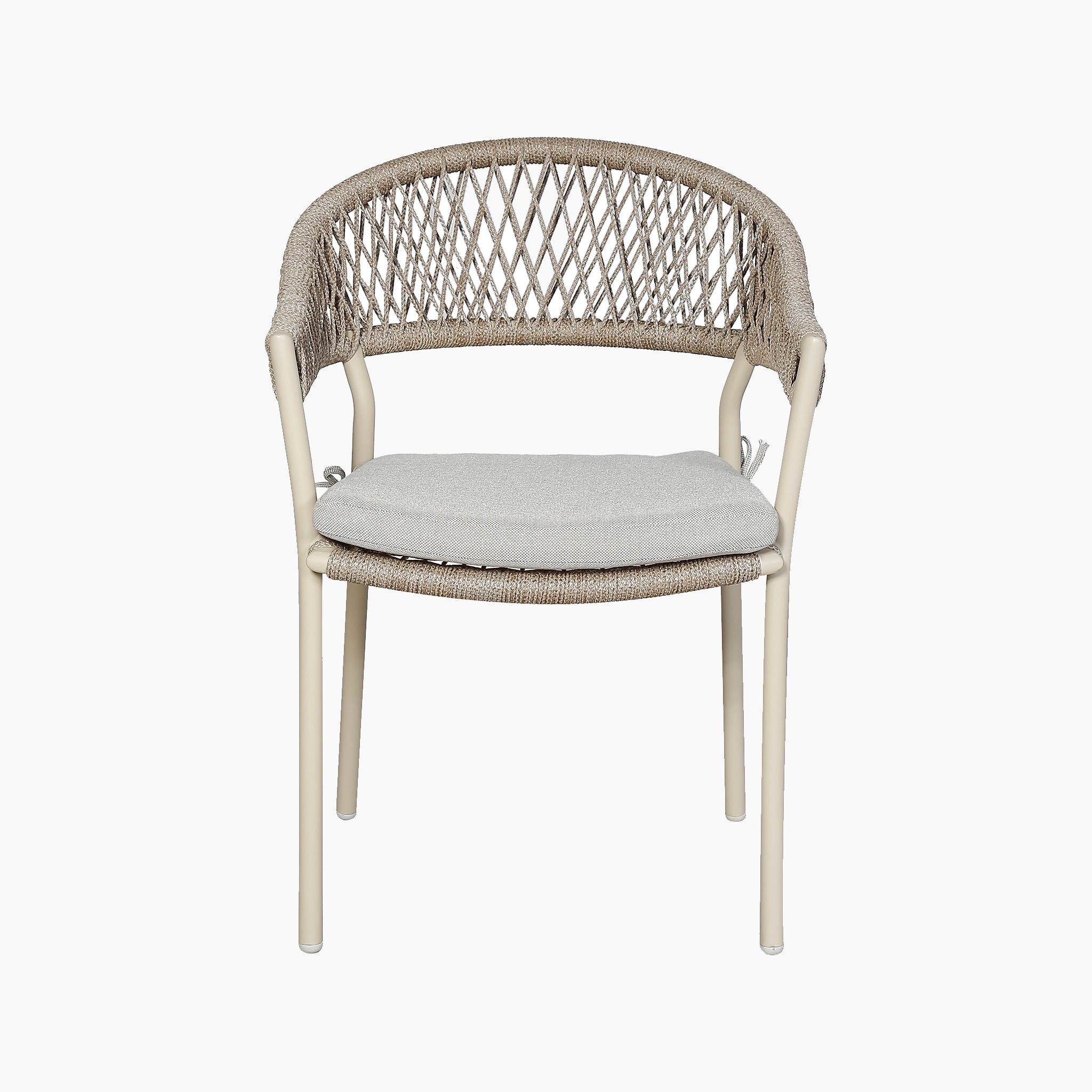 The Pacific Lifestyle Osaka 6 Seat Dining Set in Latte features woven rattan chairs with curved backrests, metal legs, and light gray cushions—ideal for enhancing your outdoor dining space.