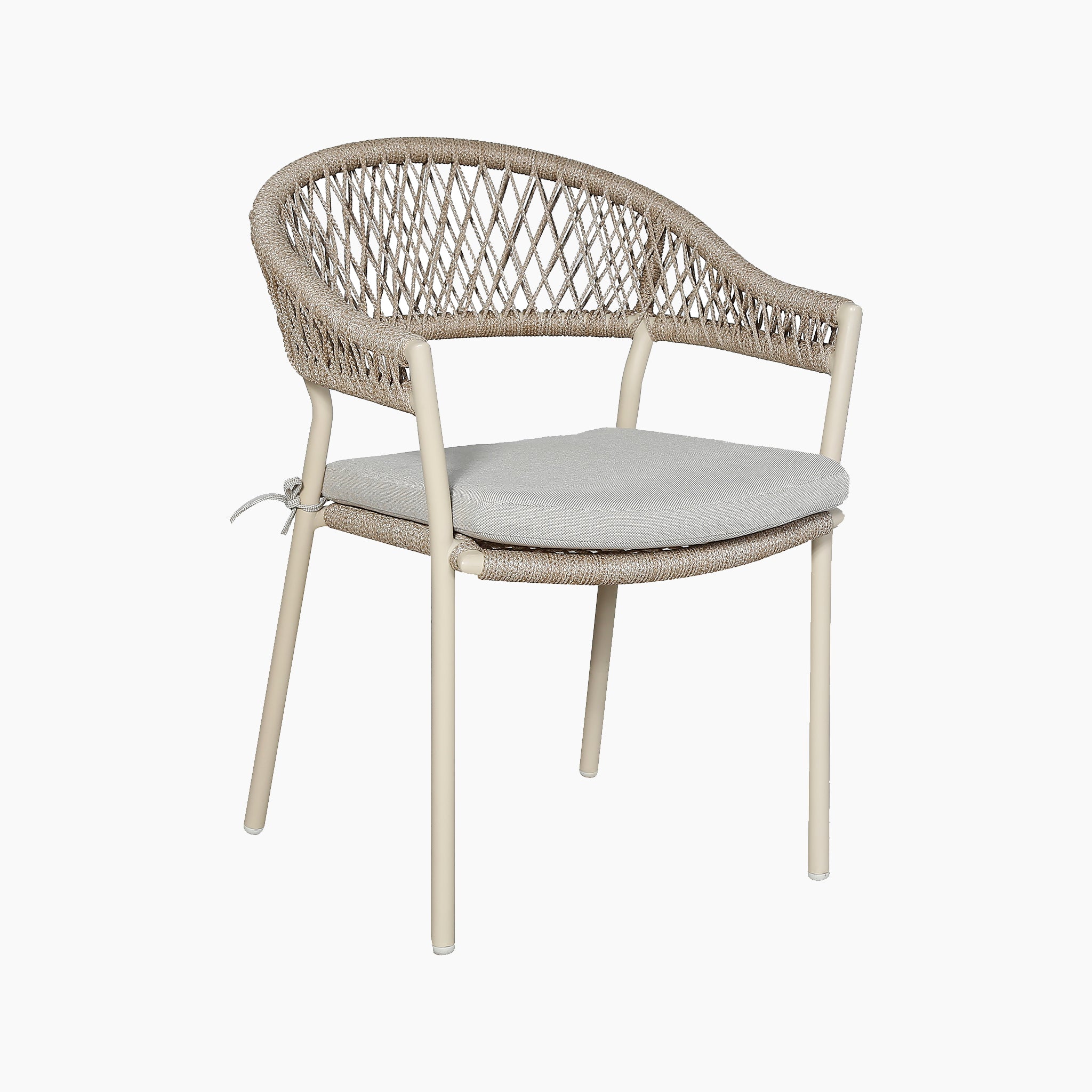 The Pacific Lifestyle - Osaka 6 Seat Dining Set in Latte features woven outdoor chairs with cream frames and light gray seat cushions, ideal for complementing any outdoor décor or serving as a stylish 6 seater dining option.