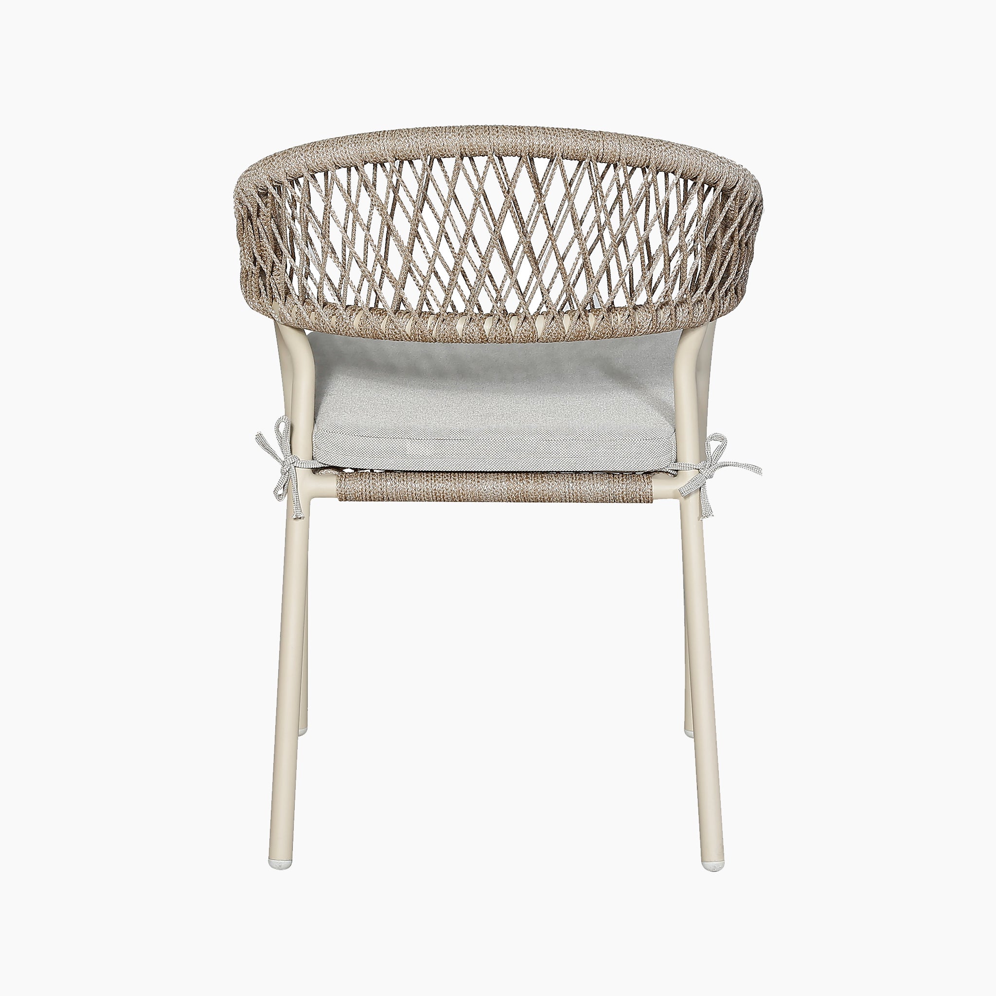 Beige woven-back chair with light cushion, seen from behind against a white background—pairs perfectly with the Pacific Lifestyle - Osaka 6 Seat Dining Set in Latte to complete your outdoor furniture arrangement.