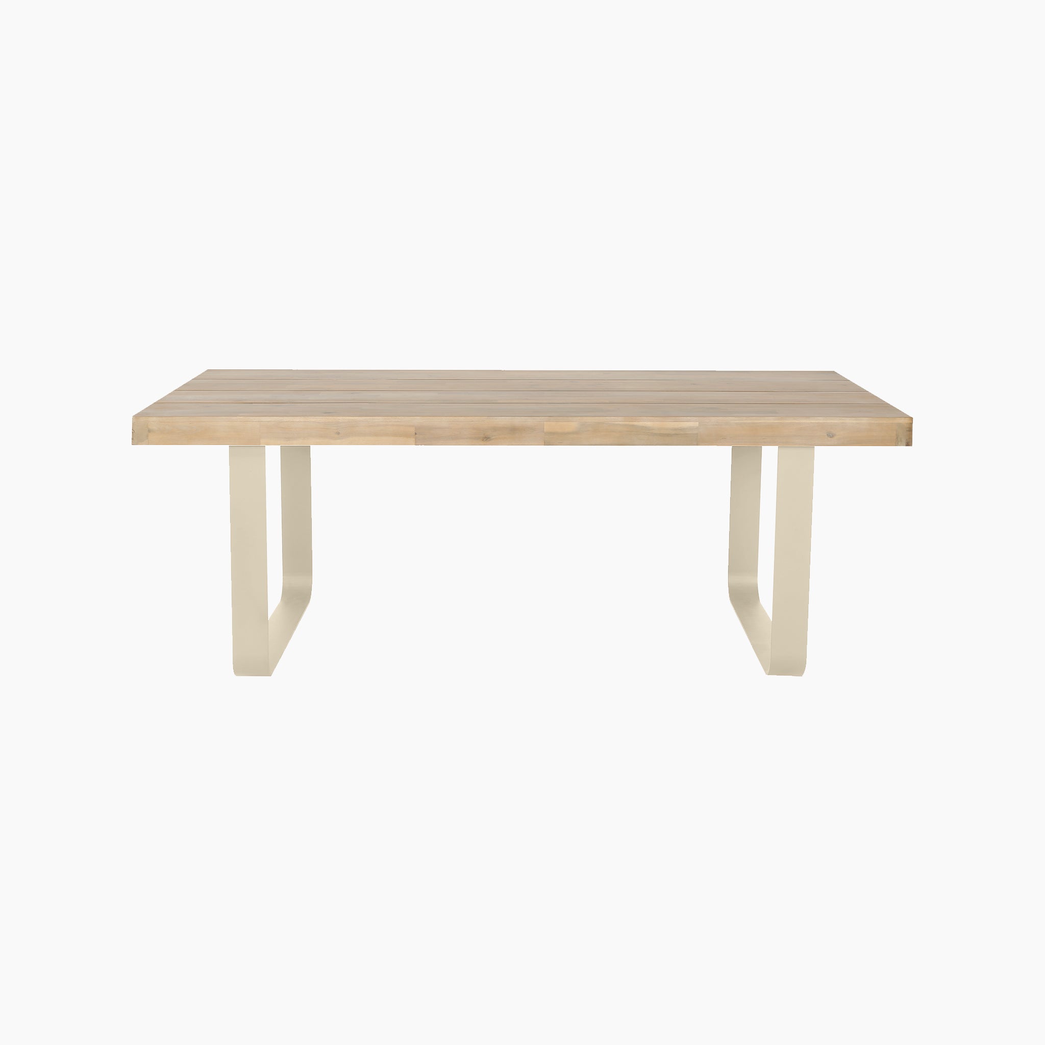 The Pacific Lifestyle - Osaka 6 Seat Dining Set in Latte features a rectangular Acacia wood table with a light top and U-shaped cream metal legs, perfect for elevating your outdoor décor against any white background.