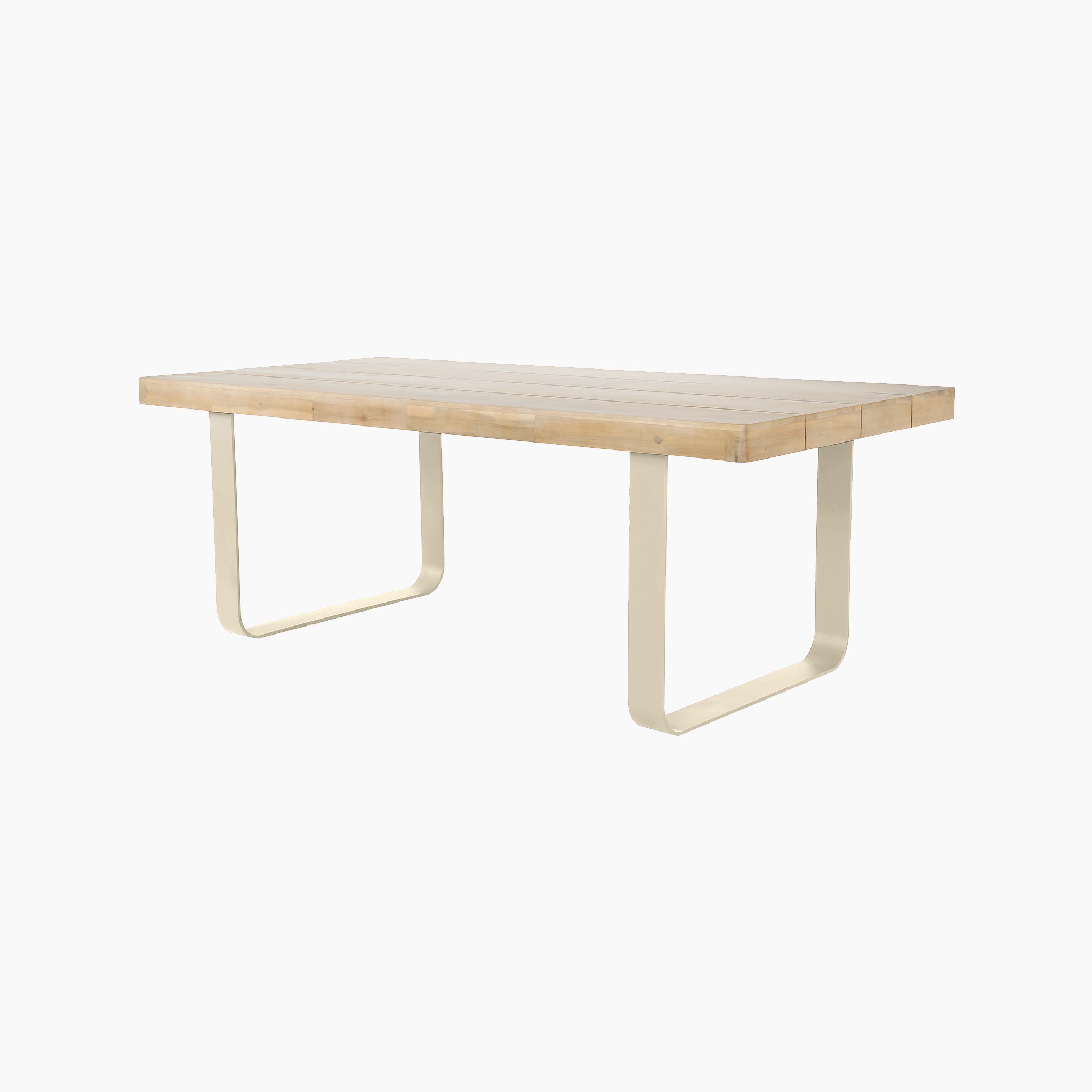 The Pacific Lifestyle - Osaka 6 Seat Dining Set in Latte features a minimalist acacia wood table with a light wood top and two curved cream metal legs—ideal as an outdoor centerpiece for gatherings.