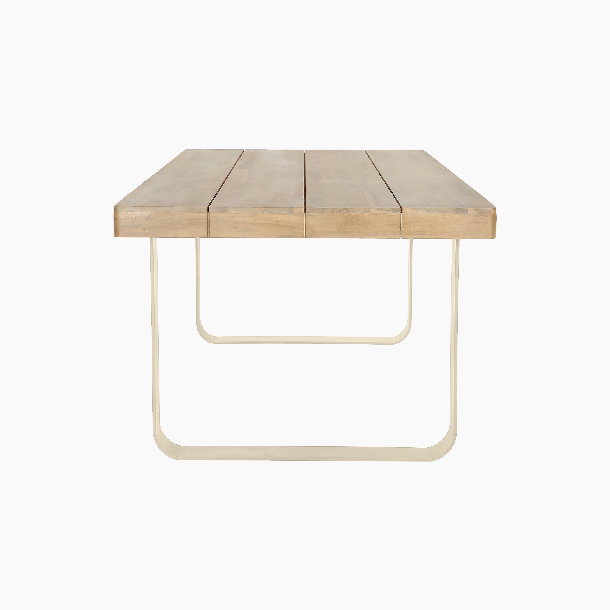The Pacific Lifestyle Osaka 6 Seat Dining Set in Latte features a rectangular Acacia wood top and white metal U-shaped legs, perfect as outdoor furniture for six. Shown front view.