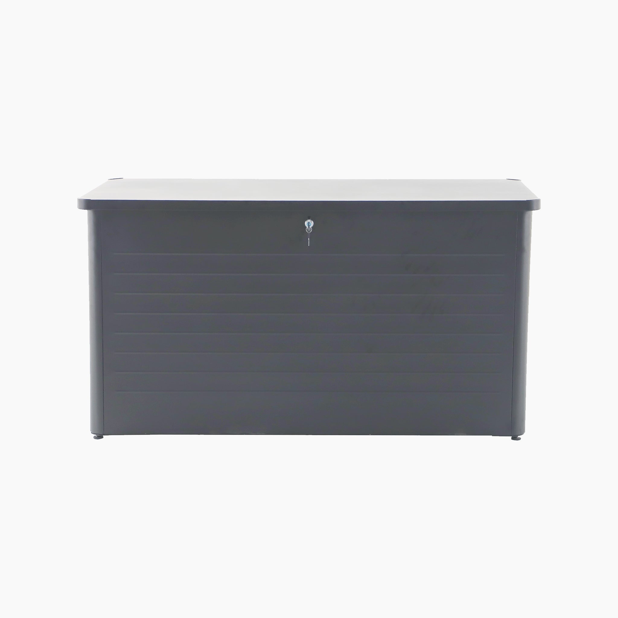 The Pacific Lifestyle - Rhode Island Large Outdoor Cushion Box in Anthracite is a rectangular, black storage box with a closed lid and front lock, made from durable galvanised steel, shown against a white background.