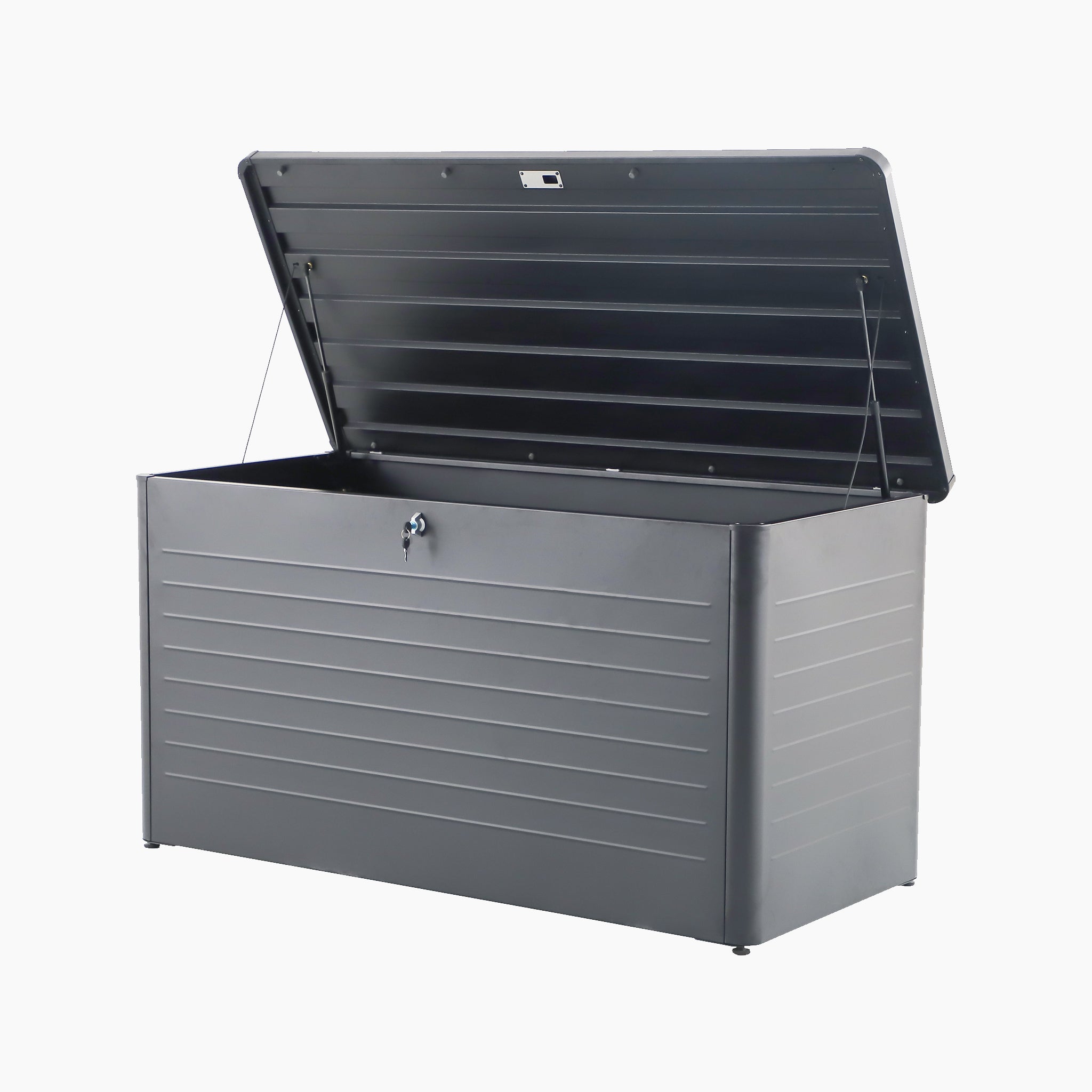 The Pacific Lifestyle Rhode Island Large Outdoor Cushion Box in Anthracite is a spacious, gray storage box with an open hinged lid and front lock, perfect for storing outdoor cushions.