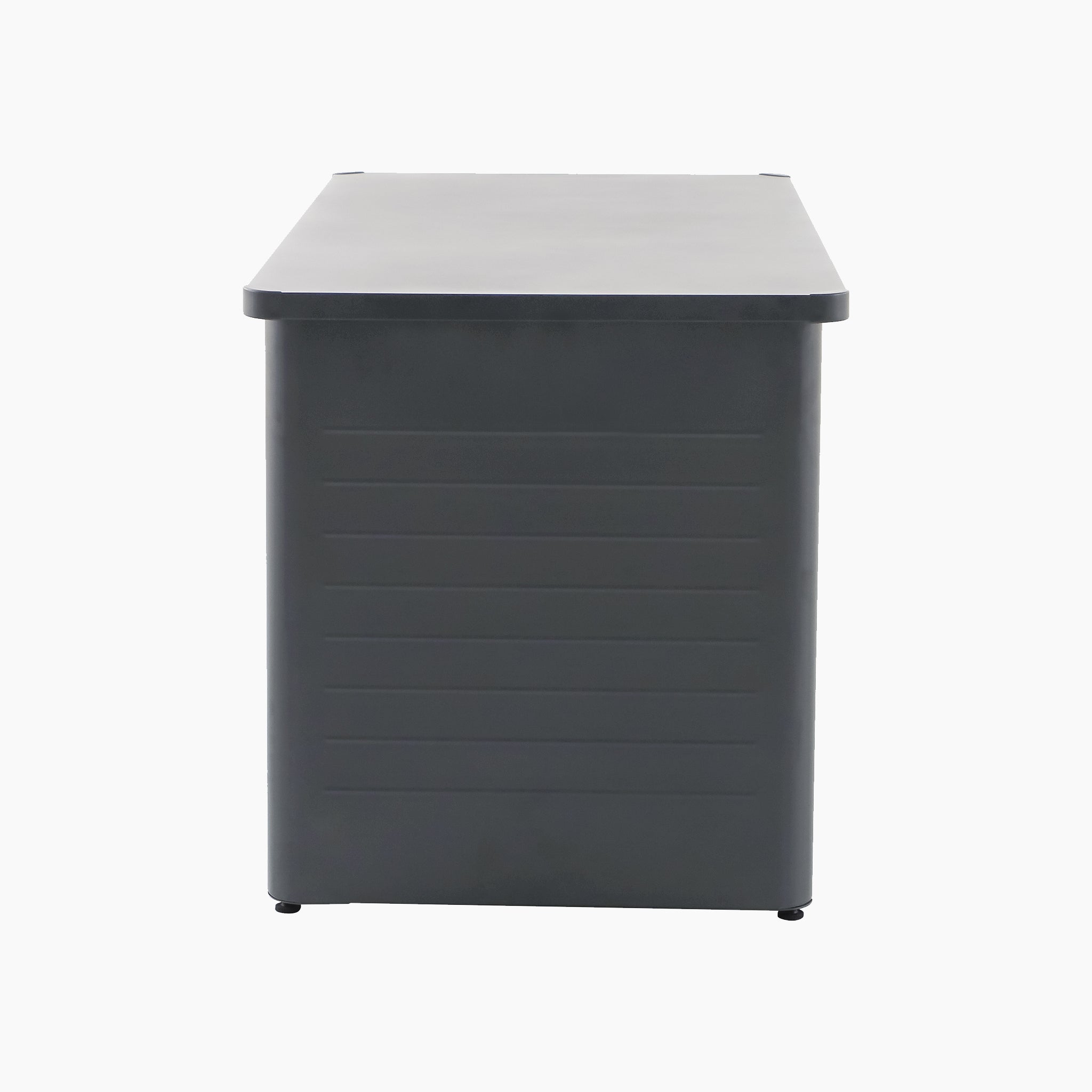 The Pacific Lifestyle Rhode Island Large Outdoor Cushion Box in Anthracite is a rectangular storage box, seen from the side with a solid panel featuring horizontal lines, resembling galvanised steel.