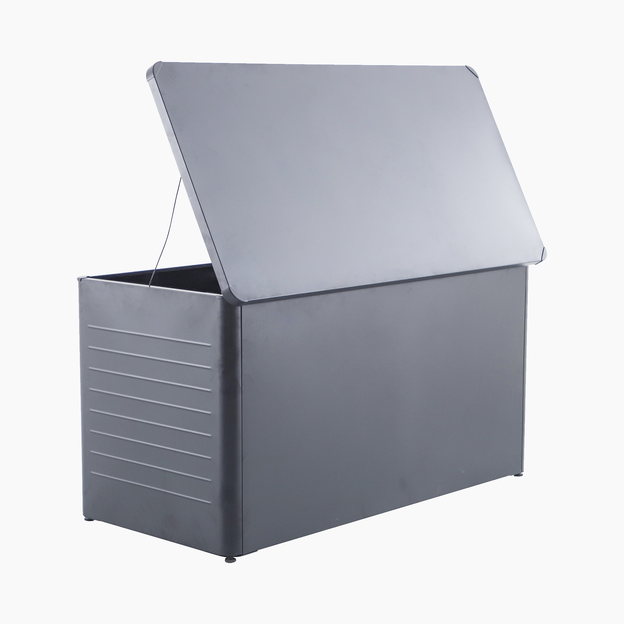 The Pacific Lifestyle Rhode Island Large Outdoor Cushion Box in Anthracite, made of galvanised steel with a hinged lid, is shown partially open against a white background.