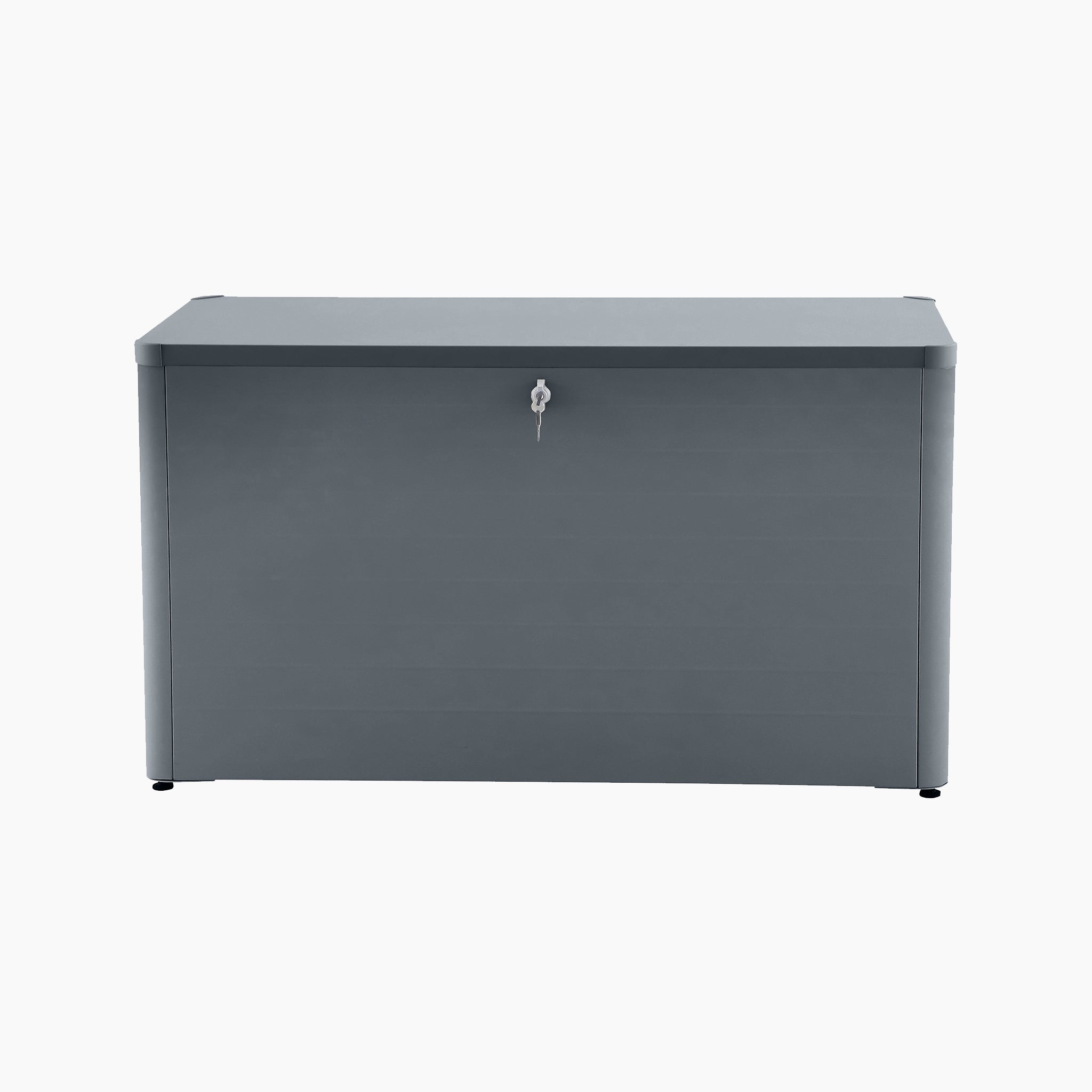 Pacific Lifestyle - Rhode Island Small Outdoor Cushion Box in Anthracite, crafted from galvanised steel with a lockable lid, is shown closed against a plain white background.