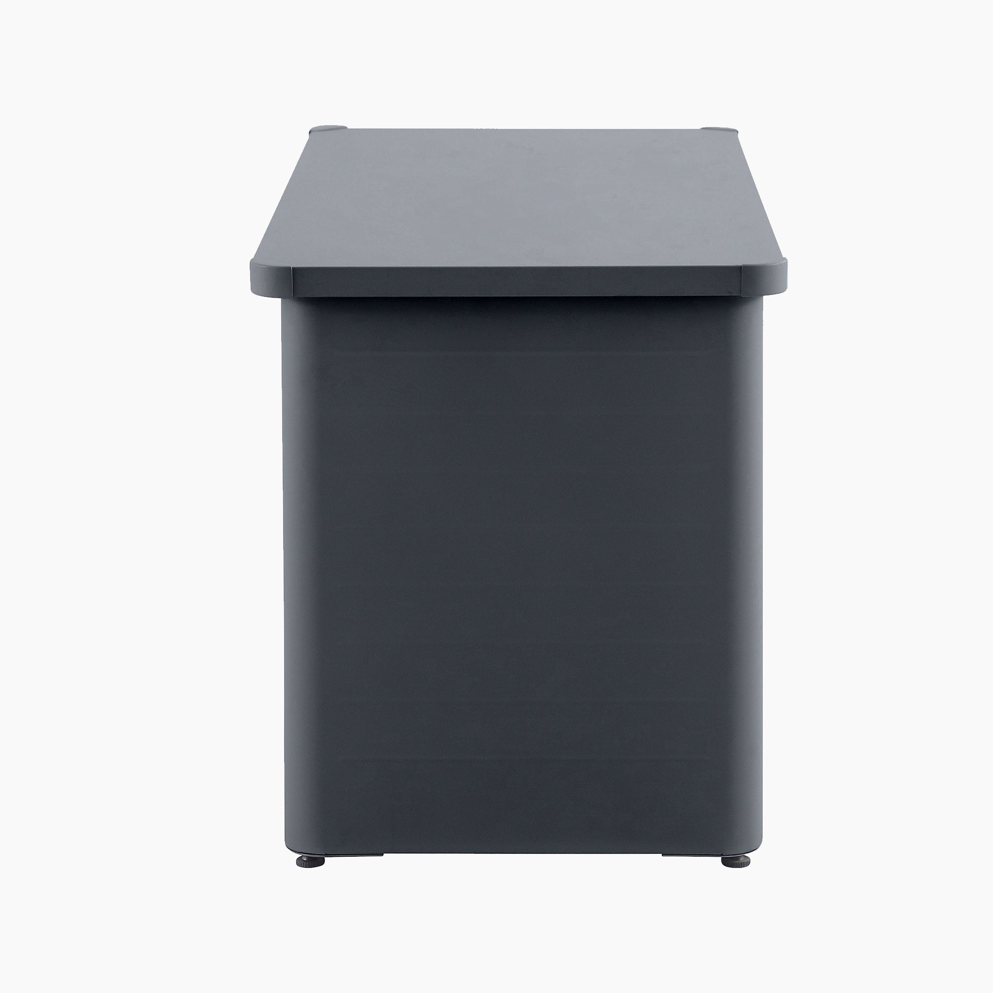 Side view of the Pacific Lifestyle - Rhode Island Small Outdoor Cushion Box in anthracite, featuring a dark gray rectangular shape with a solid panel and smooth surface, resembling galvanised steel, set against a white background.