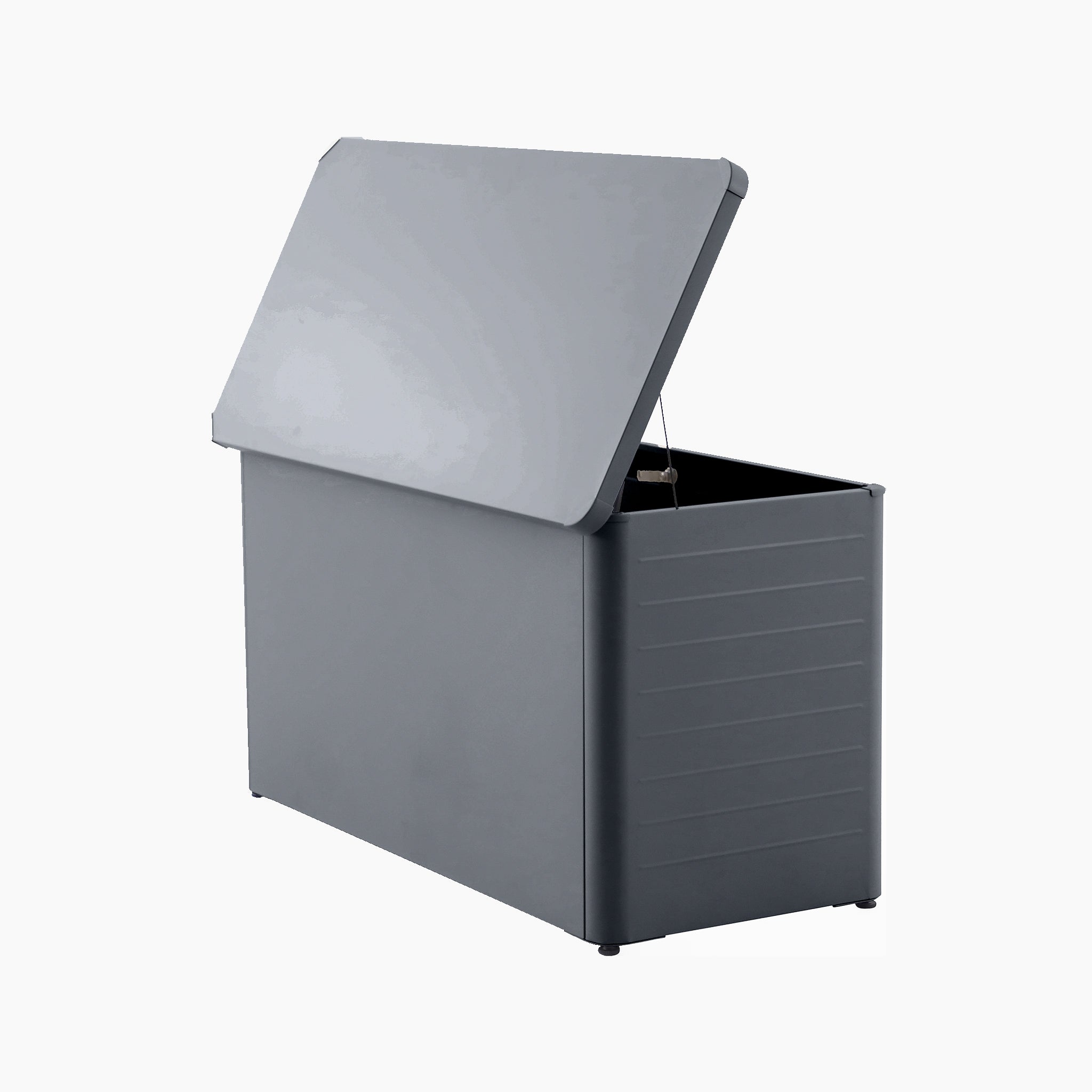 The Pacific Lifestyle Rhode Island Small Outdoor Cushion Box in Anthracite, featuring a gray steel build and a hinged lid, is shown partially open against a plain white background.