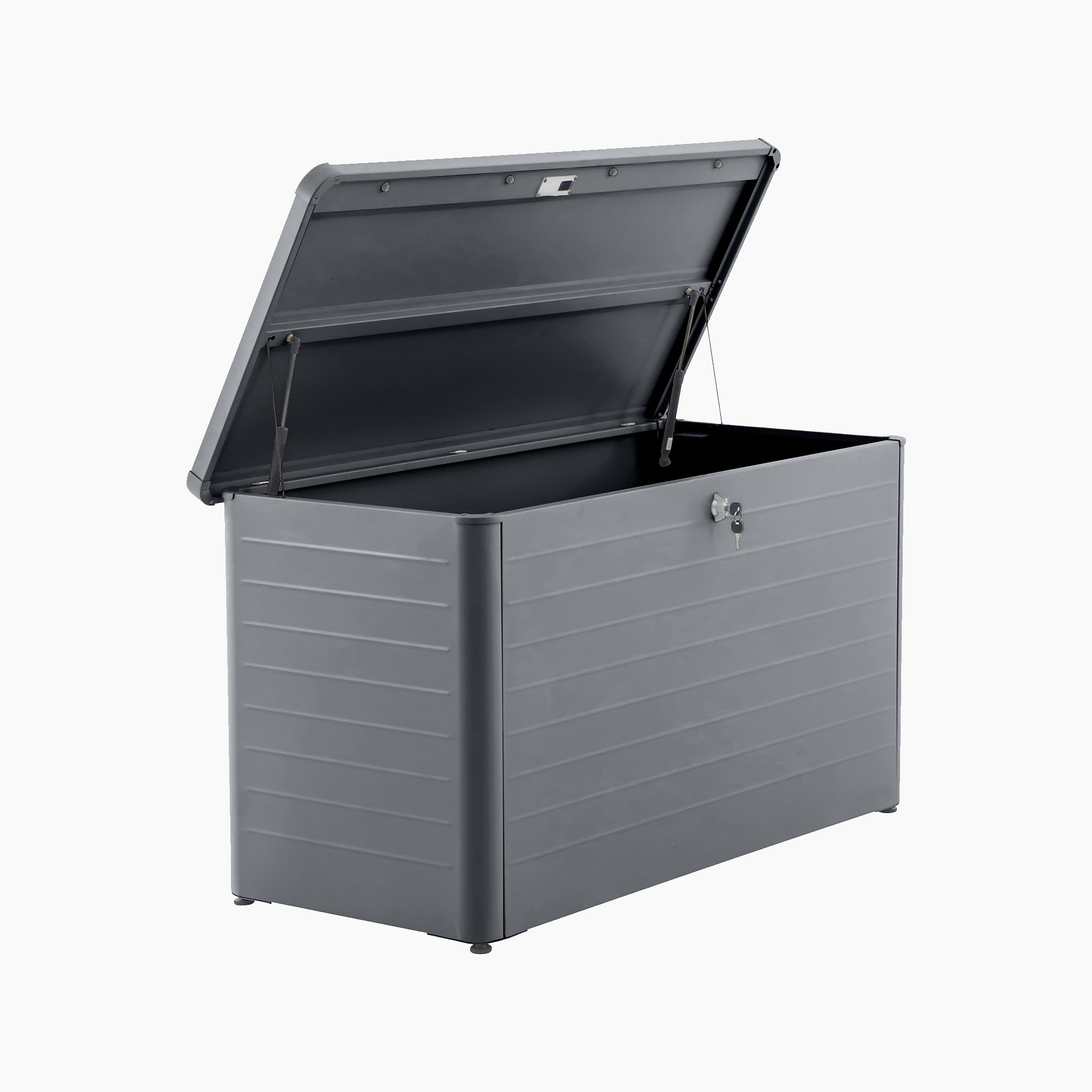 The Pacific Lifestyle Rhode Island Small Outdoor Cushion Box in Anthracite features a hinged lid and front lock, made of galvanised steel, perfect for outdoor storage. Shown against a white background.