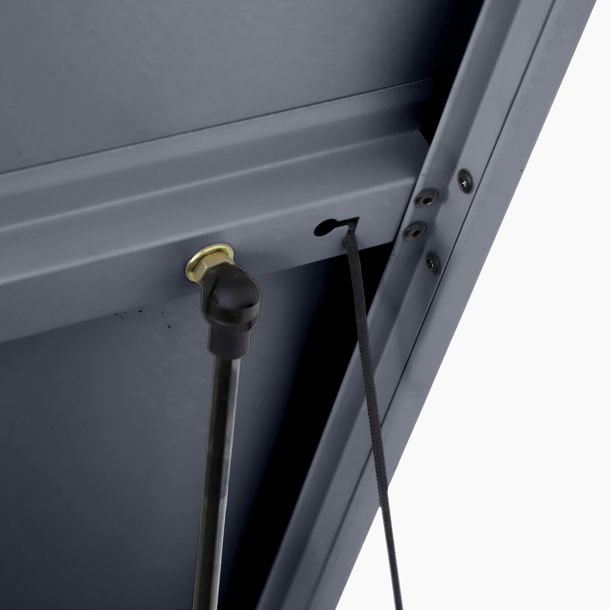 Close-up of a galvanised steel hinge with a black cord, fixed to the anthracite surface of the Pacific Lifestyle - Rhode Island Small Outdoor Cushion Box.