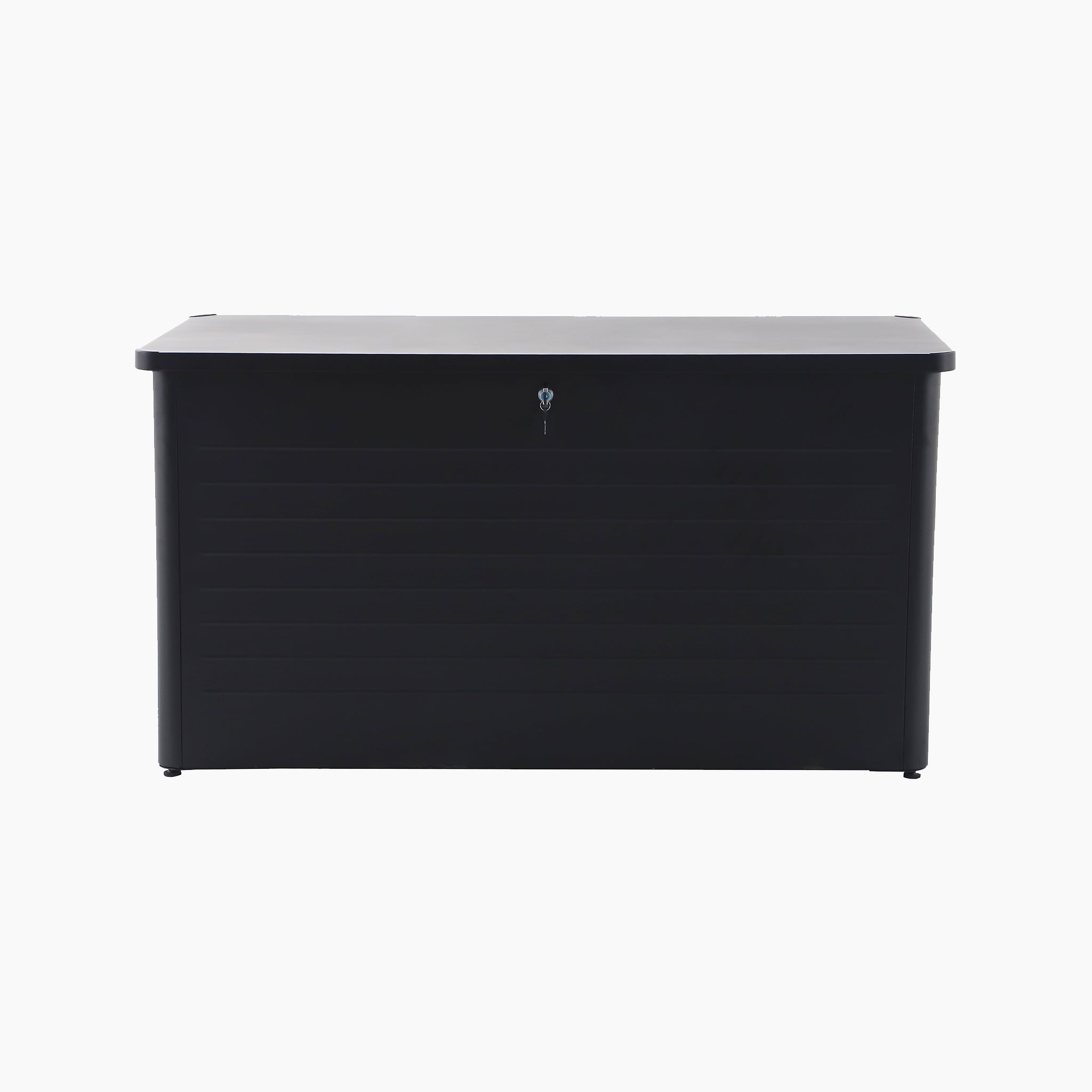 The Pacific Lifestyle - Rhode Island Large Outdoor Cushion Box in Black features a rectangular design with a front lock, made from durable galvanised steel—ideal for outdoor storage, as shown against a white background.