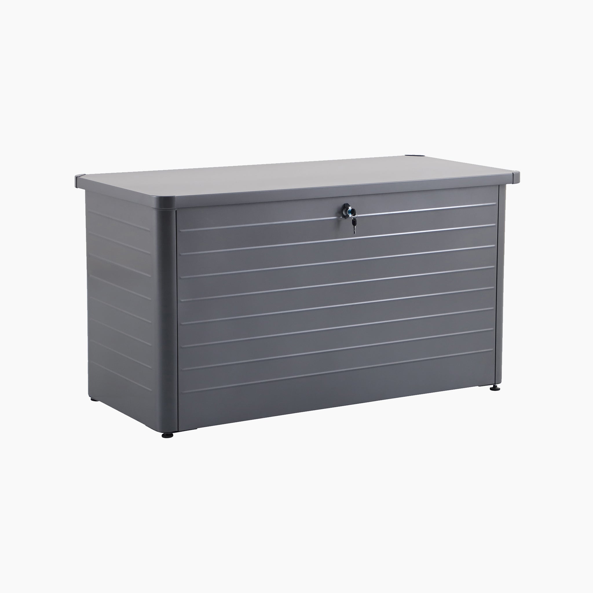 The Pacific Lifestyle Rhode Island Large Outdoor Cushion Box in Black features a hinged lid and front lock, ideal for outdoor storage. Shown here against a white background.