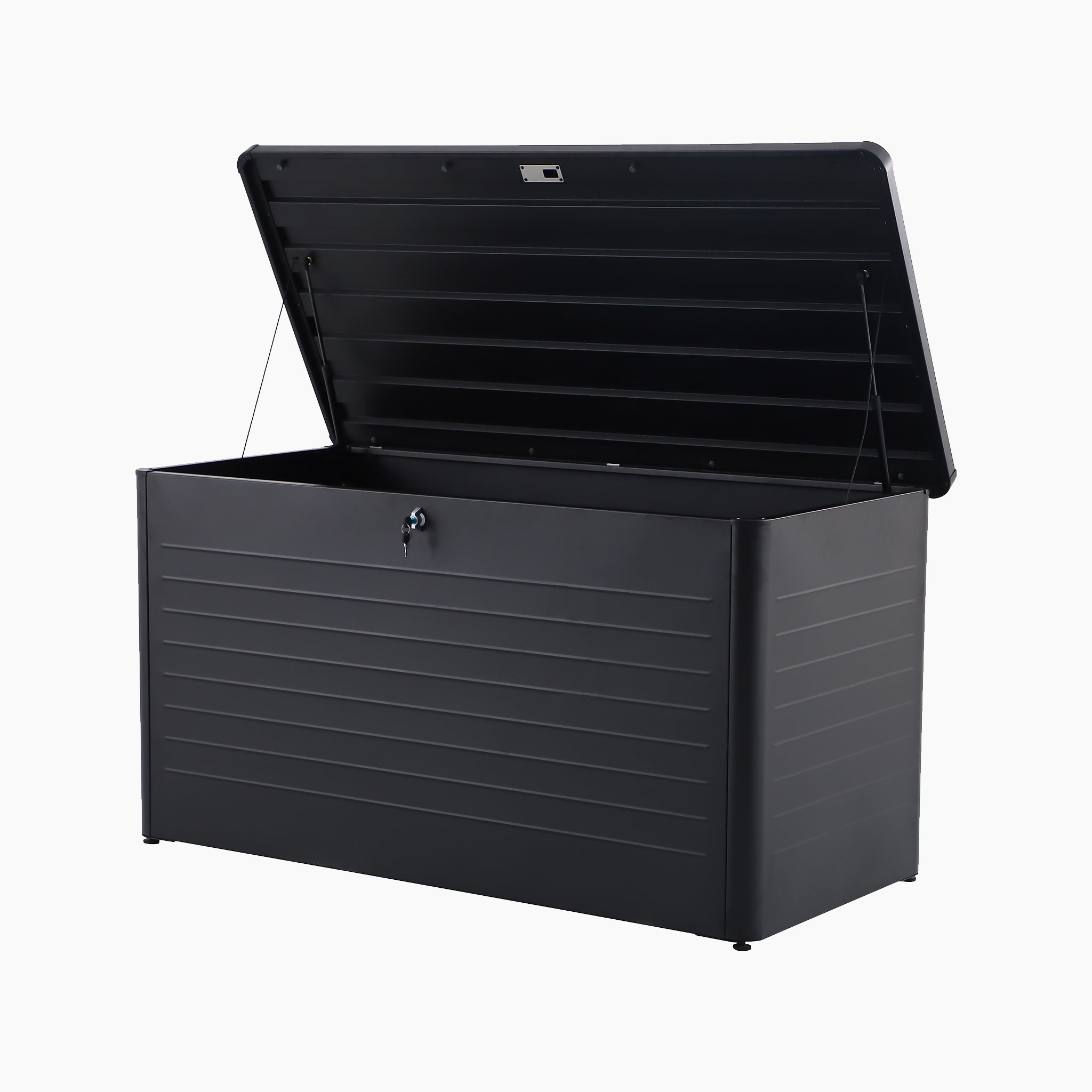 The Pacific Lifestyle - Rhode Island Large Outdoor Cushion Box in Black is a spacious, galvanised steel box with an open hinged lid and front lock—ideal for secure outdoor storage.