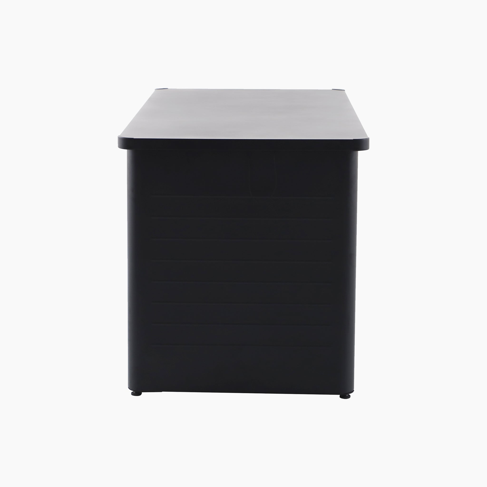 The Pacific Lifestyle - Rhode Island Large Outdoor Cushion Box in Black, rectangular and steel, is shown from the narrow end against a plain white background.